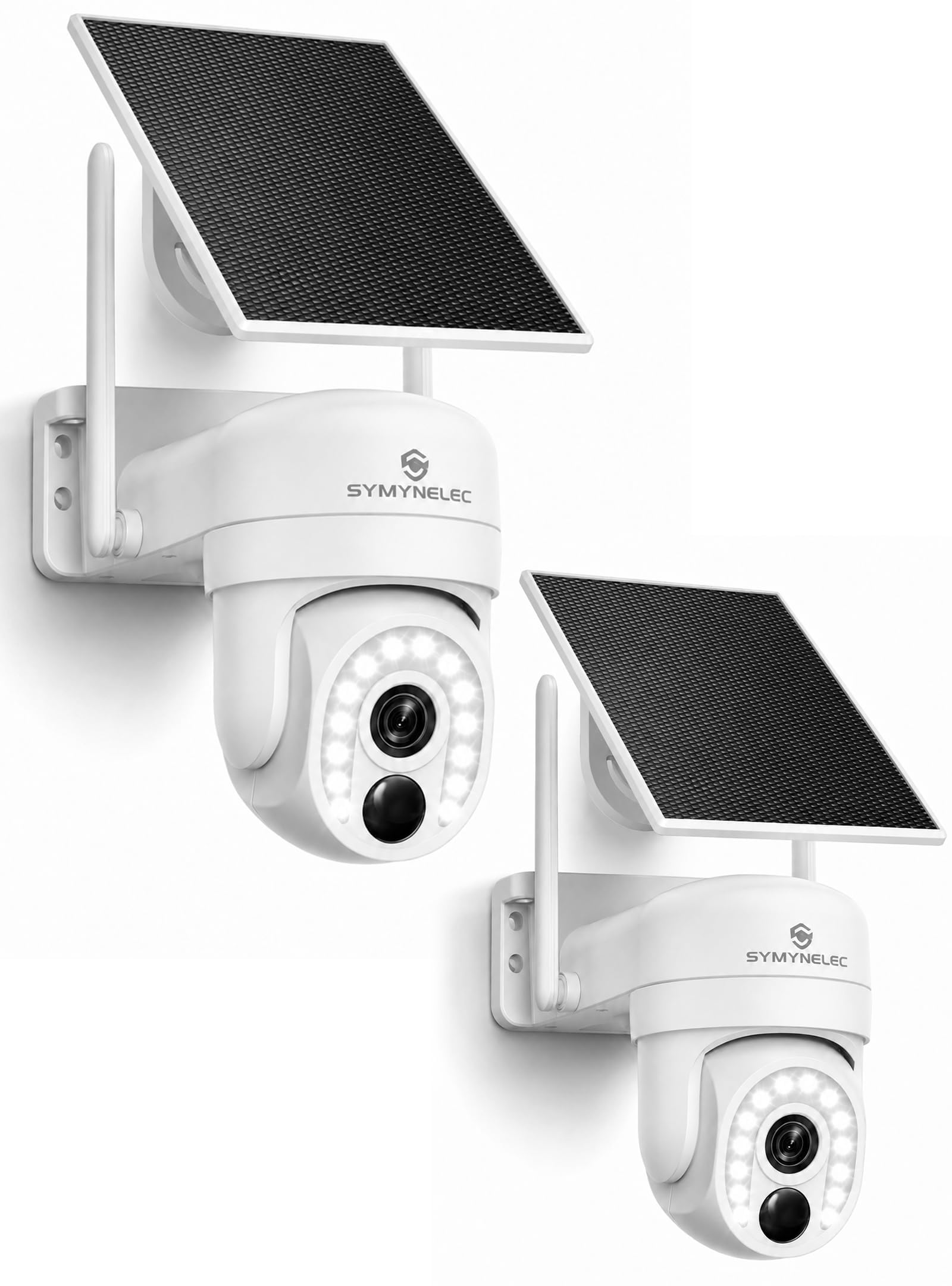 SYMYNELEC 2K Überwachungskamera Aussen Akku Solar 5GHz/2,4GHz WLAN | Kamera Überwachung Aussen Kabellos, 360° PTZ, KI-Bewegungserkennung, Farbnachtsicht, Zwei-Wege-Audio, Alexa, IP65, 2 Stück