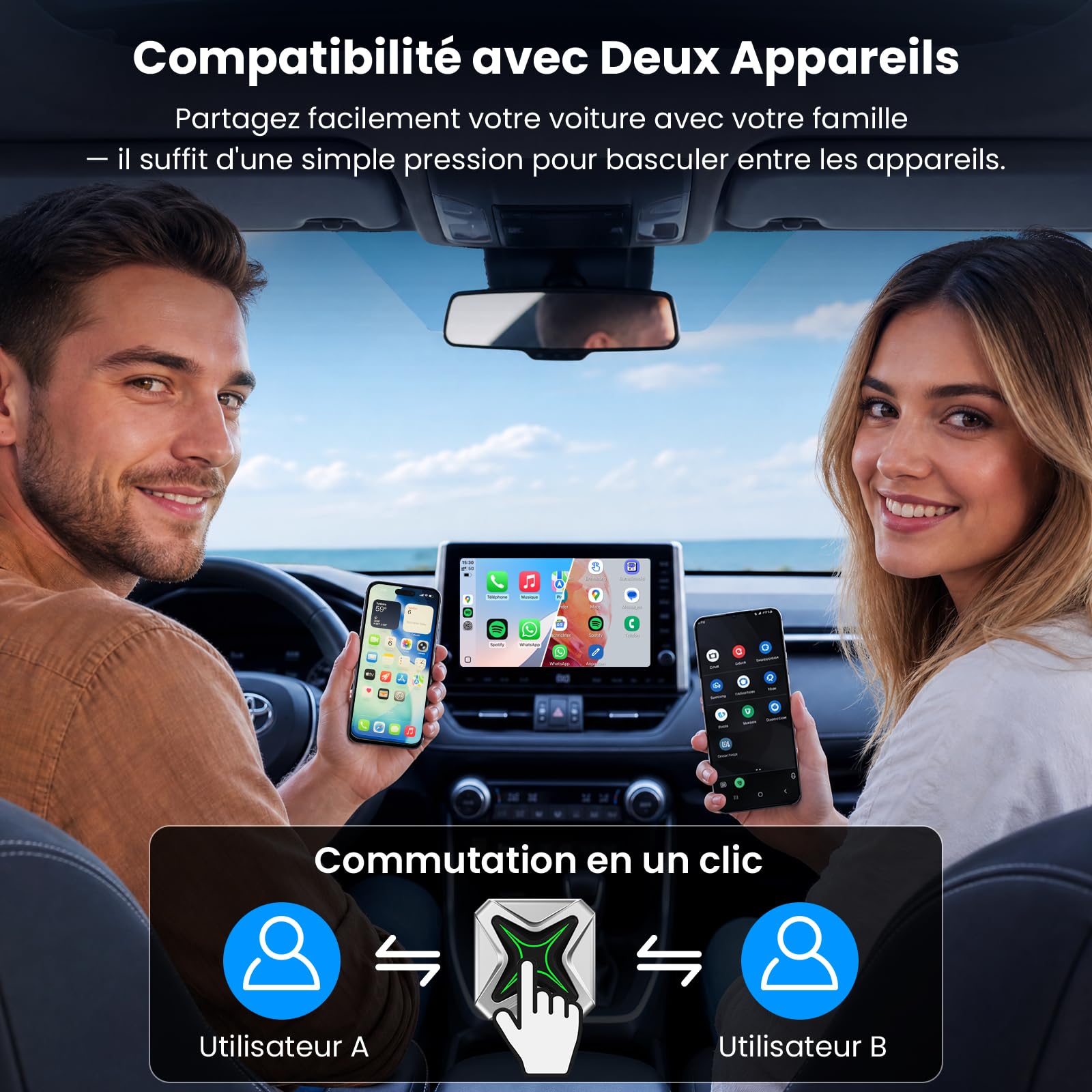 Adaptateur CarPlay sans Fil, 2-en-1 Dongle, Android Auto, Plug & Play | Convertit Filaire en Sans Fil, Changer d'Utilisateur en Un Clic, pour Voiture à partir de 2016, iOS 10+ et Android 11+