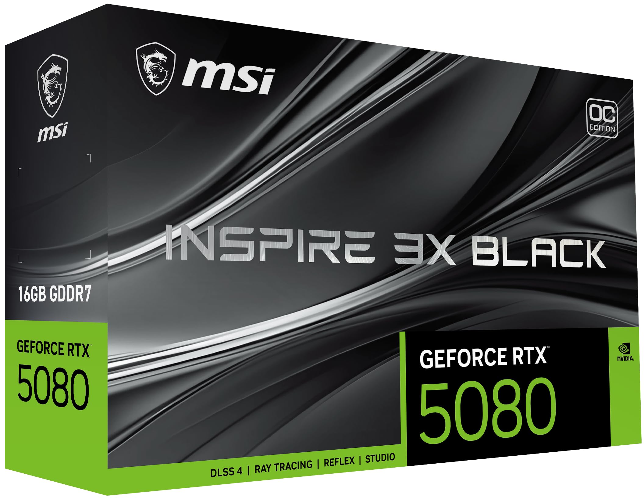 MSI NVIDIA GeForce RTX 5080 16G Inspire 3X OC Black GDDR7 256 bits - Tarjeta gráfica para Gaming, Velocidad Boost hasta 2655 MHz, PCIe Gen 5, DLSS 4, 3X DisplayPort 2.1, 1x HDMI 2.1, SFF Ready