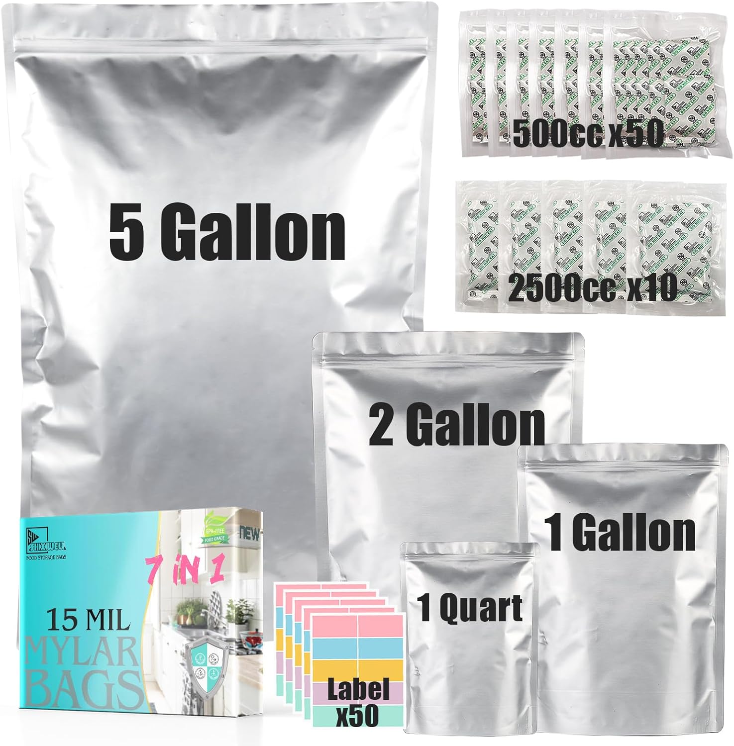 50pcs Mylar Bags for Food Storage With Oxygen Absorbers, 15 Mil Extra Thick Mylar Bags, 4 Size Set(5 Gallon, 2 Gallon, 1 Gallon, 1 Quart)2500cc and 400cc Oxy-Sorb (Individually Sealed)