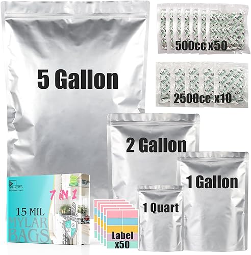 50 bolsas de Mylar para almacenamiento de alimentos con absorbentes de oxígeno, bolsas de Mylar extra gruesas de 15 mil, juego de 4 tamaños (5