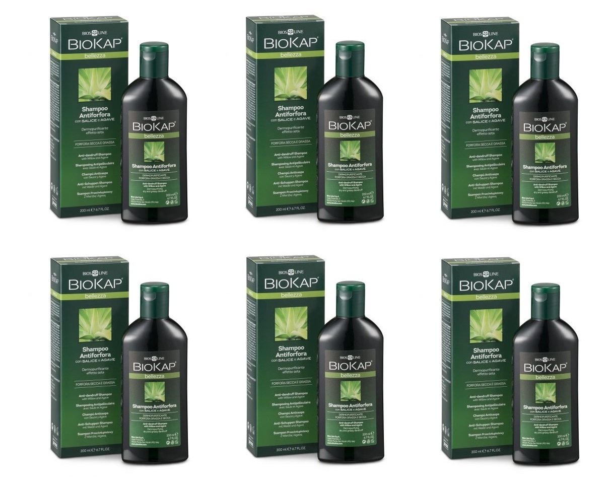 Biosline – Biokap - Champú anticaspa, 6 envases de 200 ml, anticaspa, dermopurificante, sebo equilibrante, refrescante.