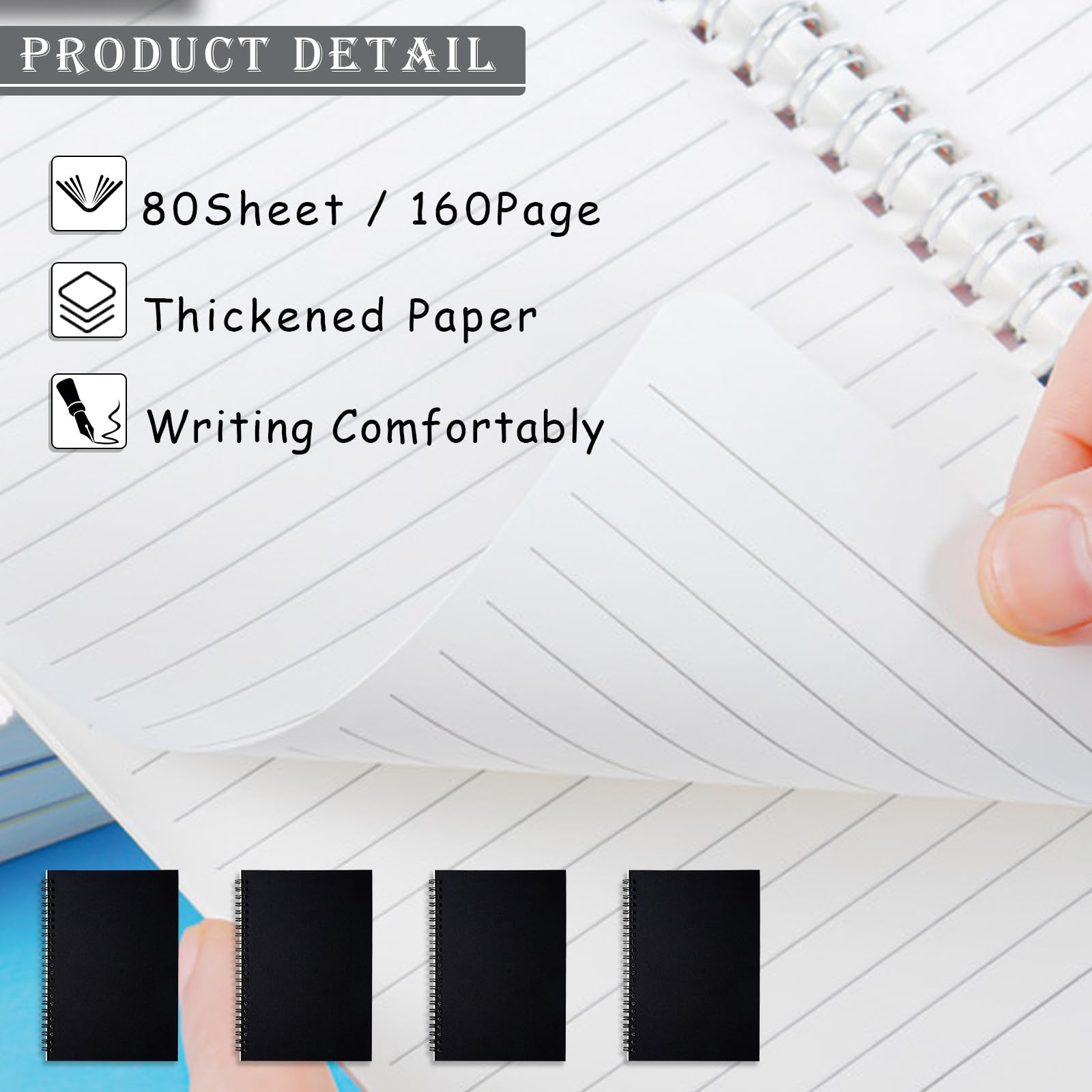 GOOKALA A5 Spiral Lined Notepad,4 Pack Spiral Notebook Wirebound Notebooks 80 Sheets(160 Pages)/Per Pack A5 Sketch Book Reporters Notepad for Office Travel School Drawing Black - Image 3