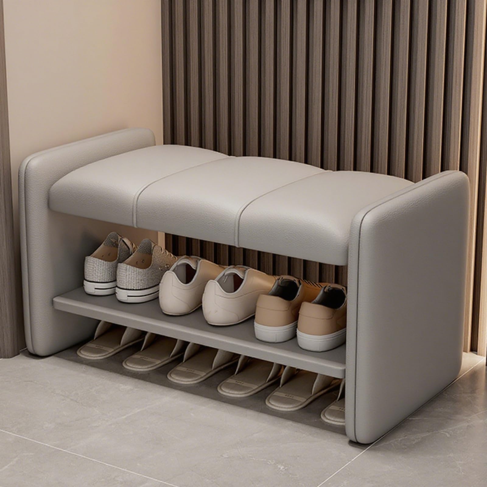 MSHGSKU 2 Tier Shoe Storage Bench with Soft Leather Cushion Entryway Seating for Hallway Living Room Bedroom Grey 100cm Shoe and Entryway Furniture