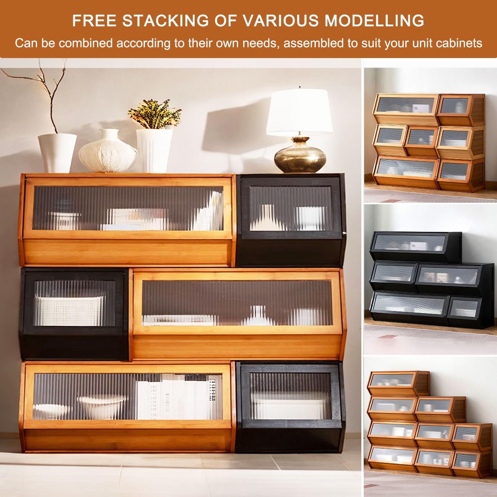 STACKING BOOK CASE 3段セット販売 Stackable Bamboo Storage nizer with Flip Doors - Versatile Storage