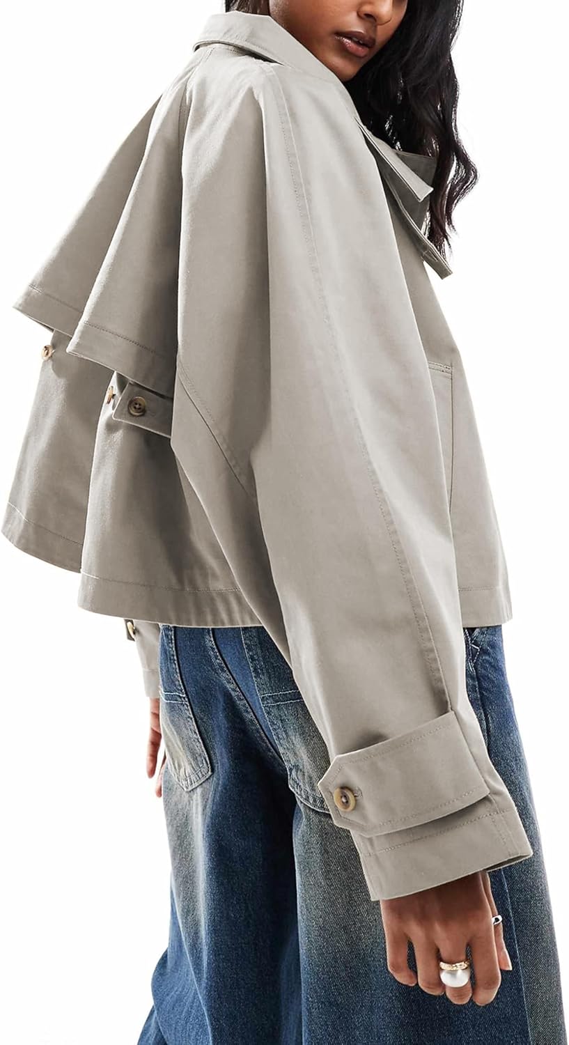 Majdan Women's Cropped Trench Coat Zip Up Short Outwear with Back Cape Casual Fall Spring Jacket with Pockets