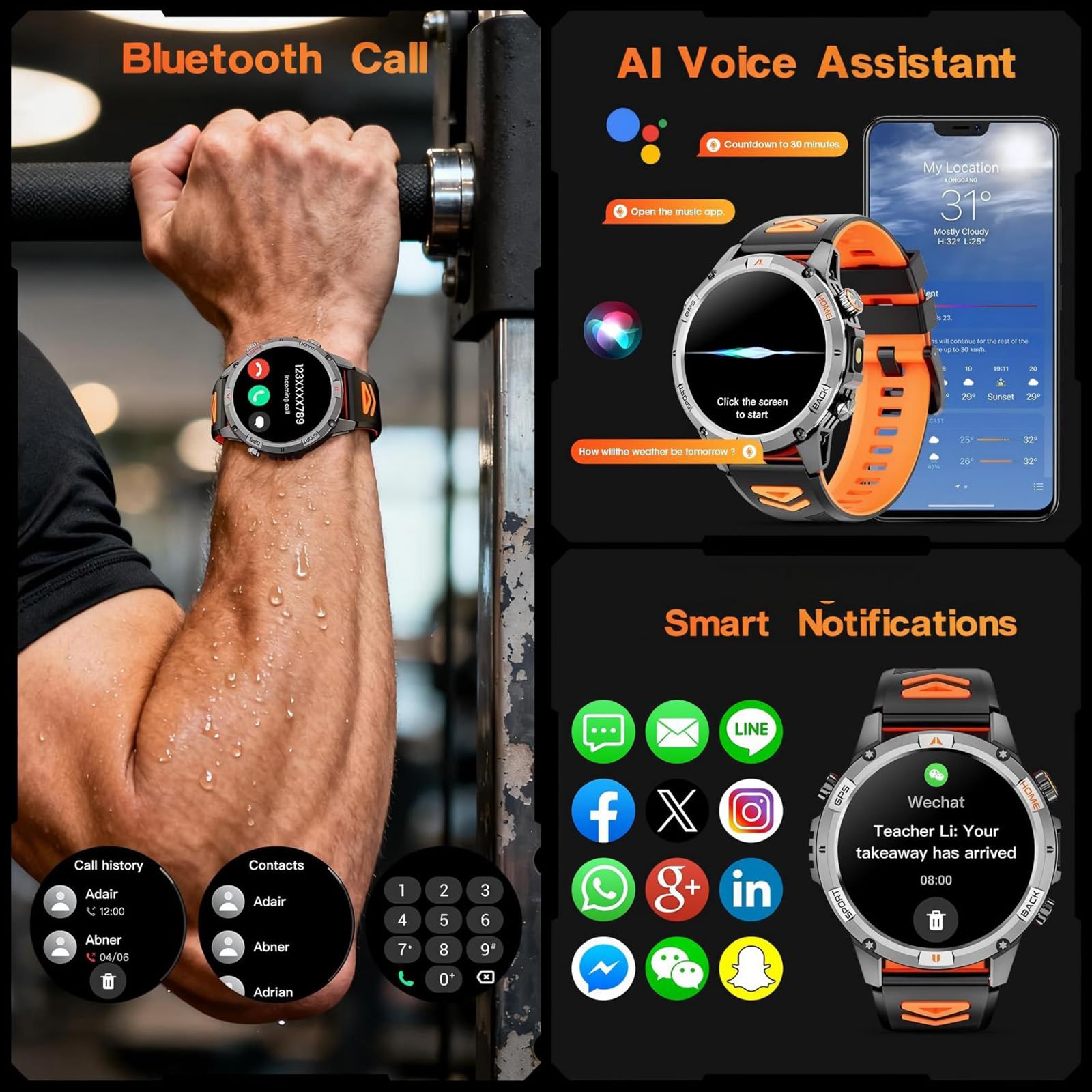 Smart Watch da uomo con batteria di 7 giorni e GPS integrato, orologio fitness rotondo da 1,44 pollici, cardiofrequenzimetro/SpO2/monitoraggio del sonno, impermeabile IP68, compatibile con