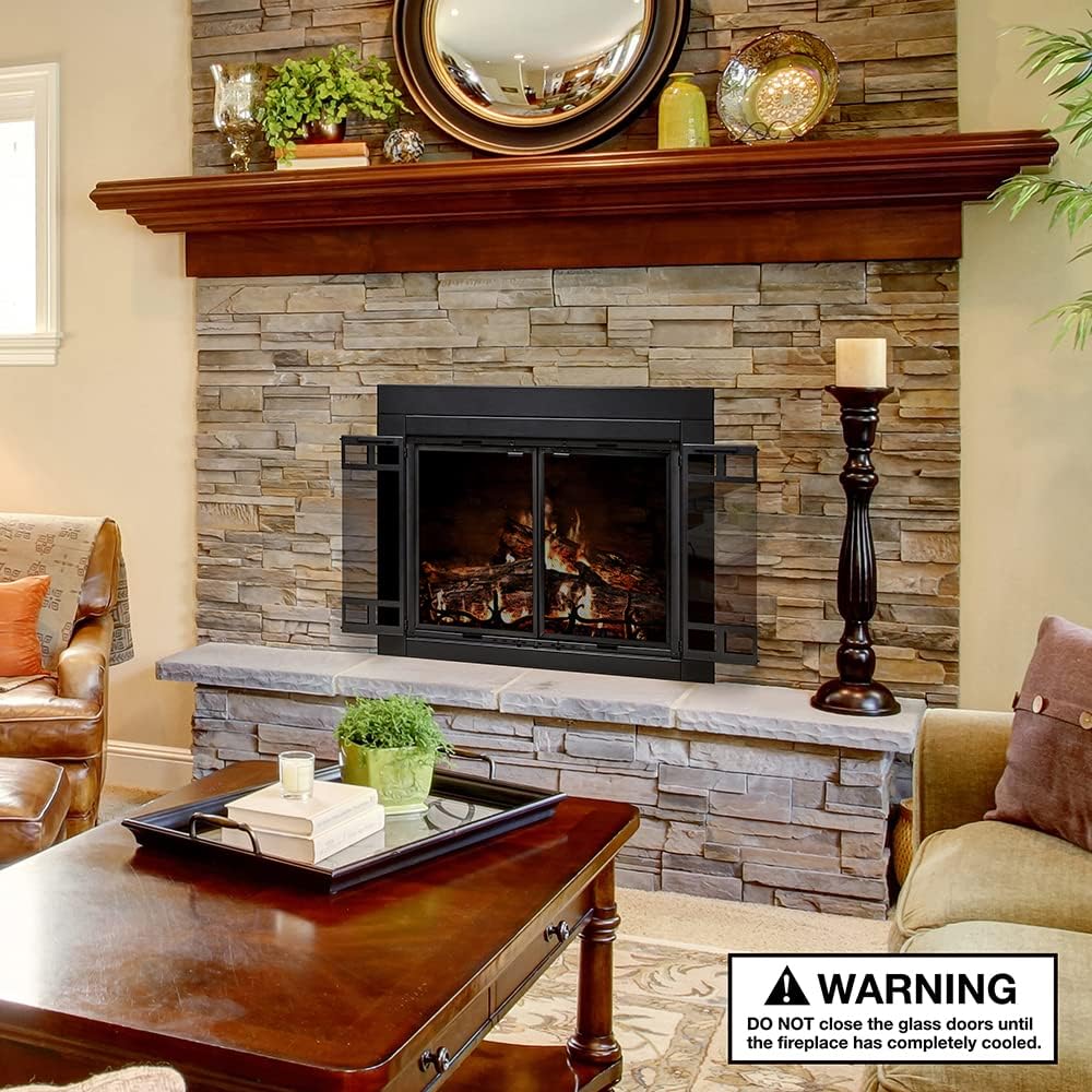 UniFlame Fireplace Doors installed in a living room setting, with glass doors open and mesh doors closed