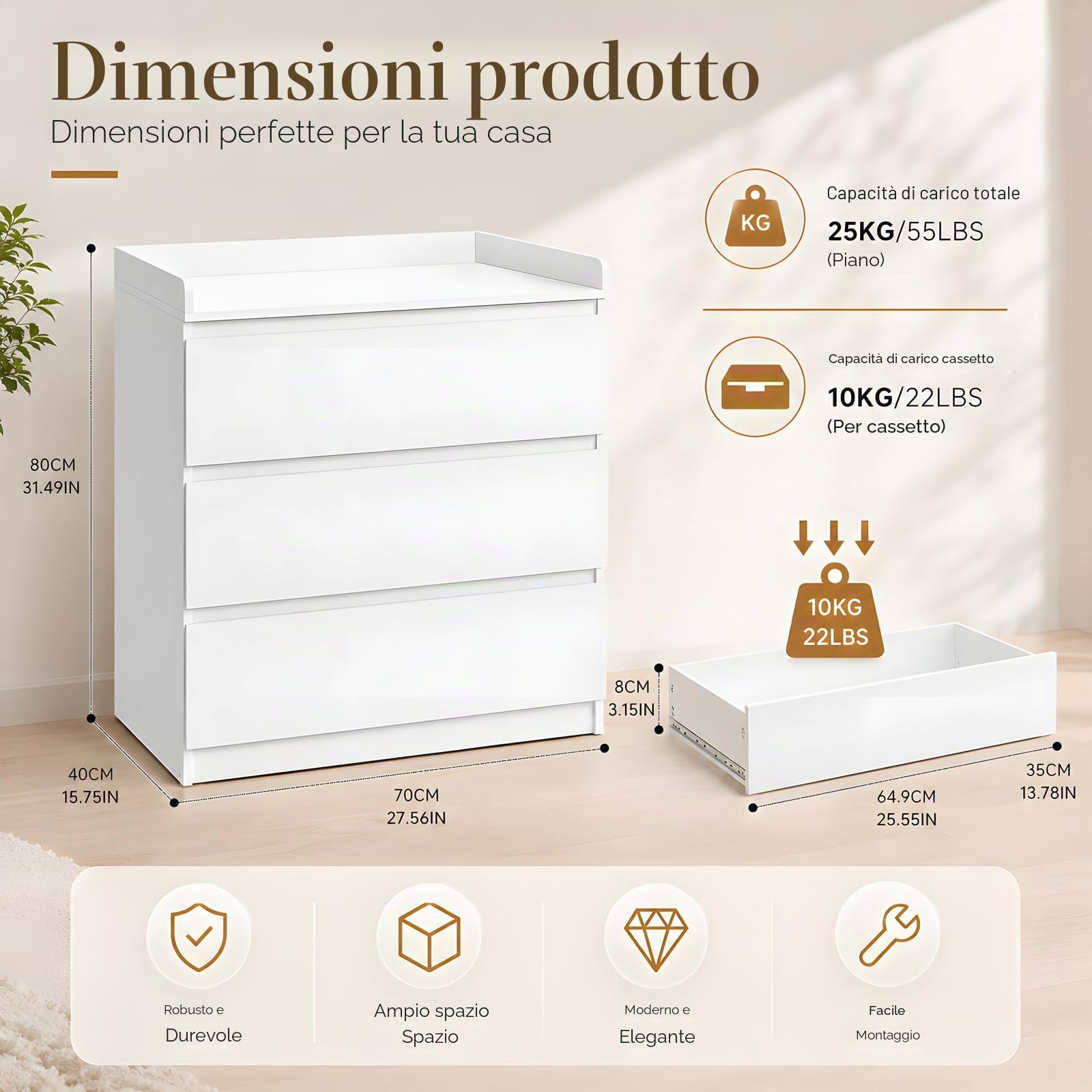 Fasciatoio con Cassettiera Bianca 3 Cassetti, Cassettiera Camera da Letto 70x40x80cm in Melamina, Mobile Fasciatoio Salvaspazio per Cameretta