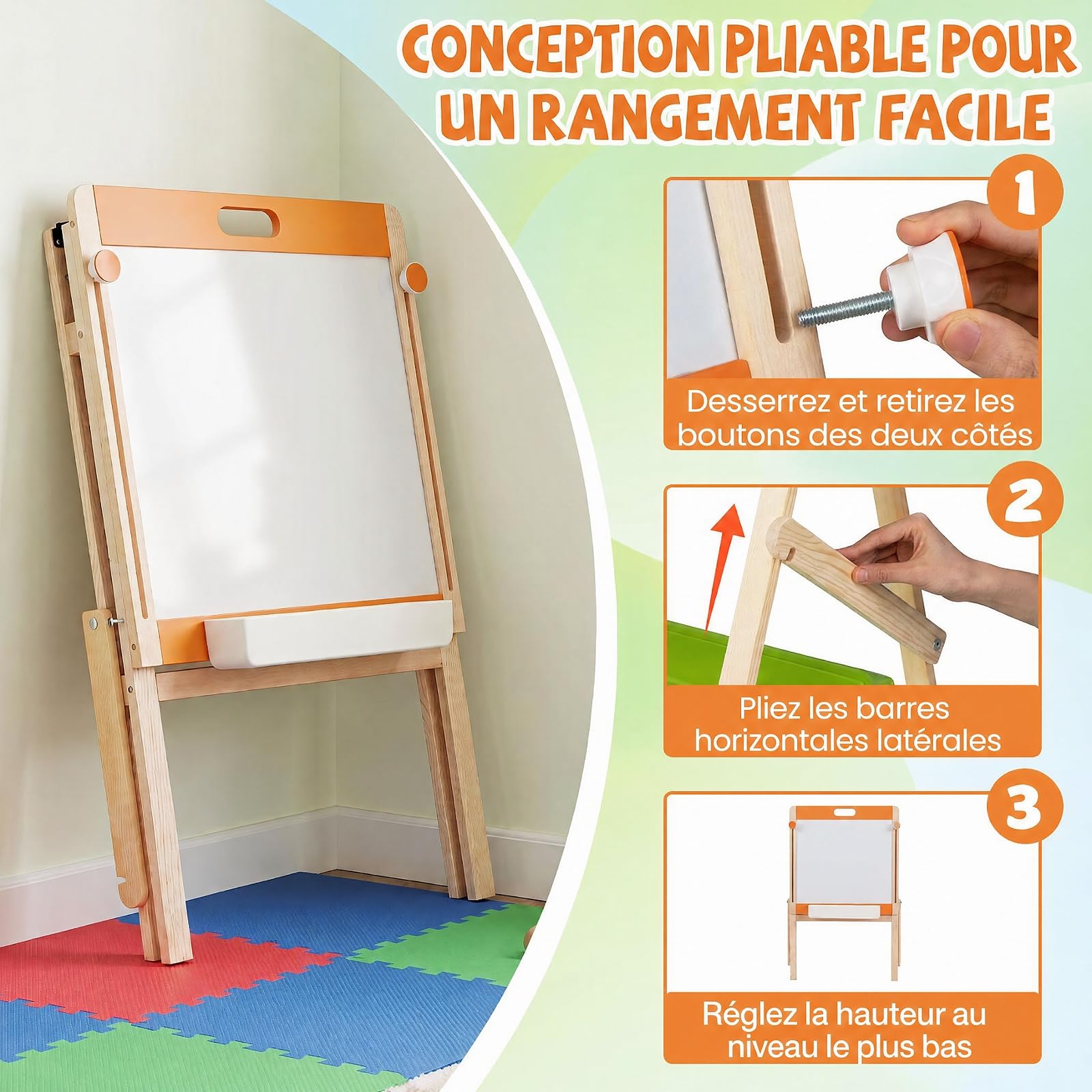 COSTWAY Tableau Enfant Double Face Pliable en Bois avec Hauteur Réglable