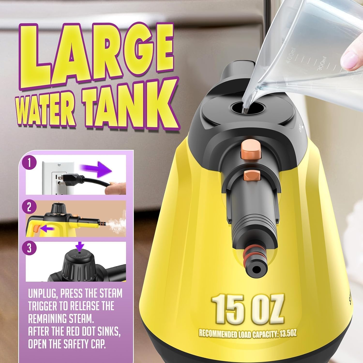 Natural Multi-Surface Handheld Steam Cleaner with 10 Accessories, 13.5OZ Pressurized Multipurpose On Demand Steam Cleaner for Home, Steamer for Cleaning Dirt, Grease, Grout, Tile, Windows, Car, Yellow