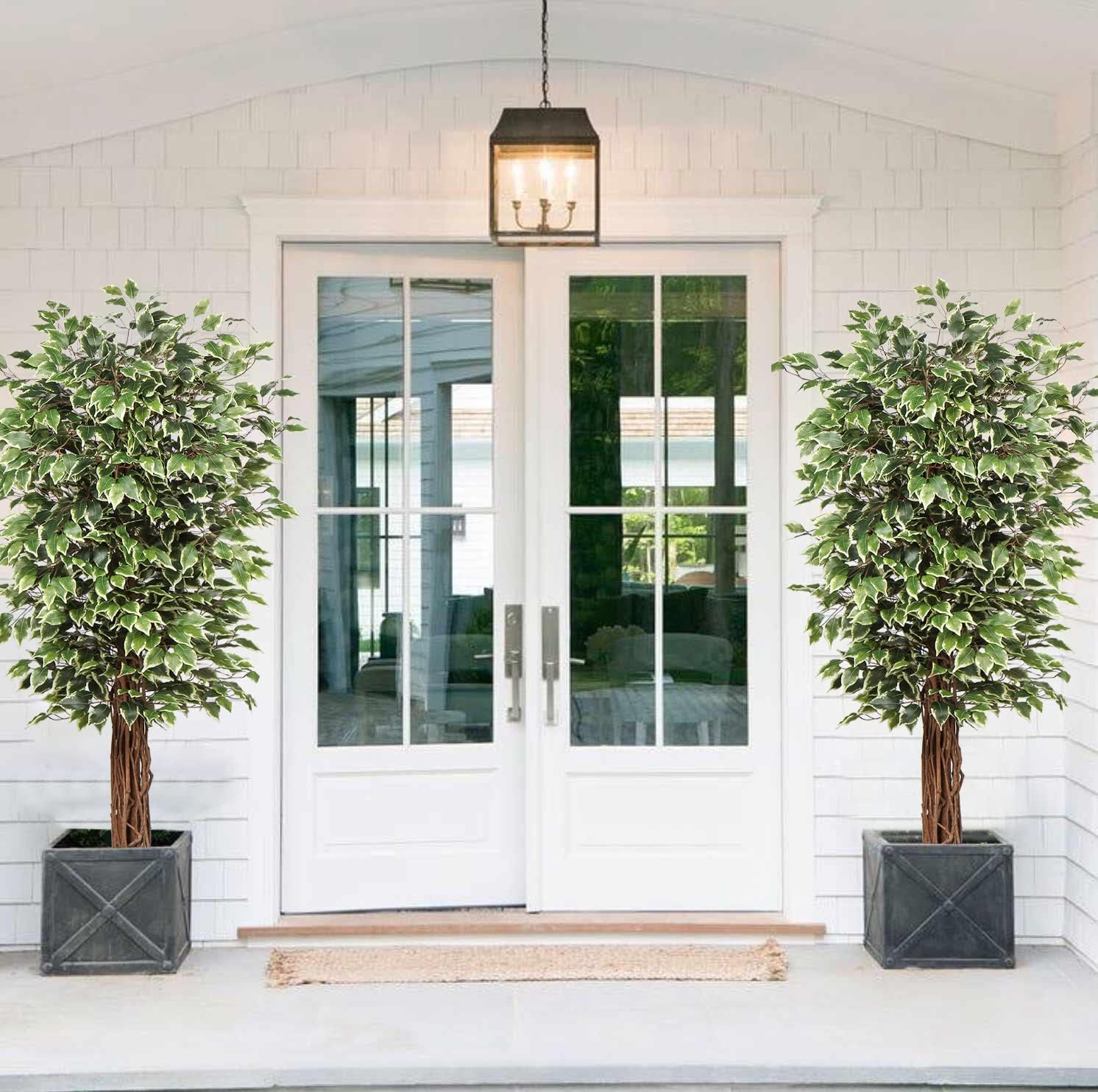 plant Artificial Ficus Tree 6ft in Pot Fake Silk Plant with Green White Leaves Natural Trunk for Indoor Outdoor Home Garden Decor