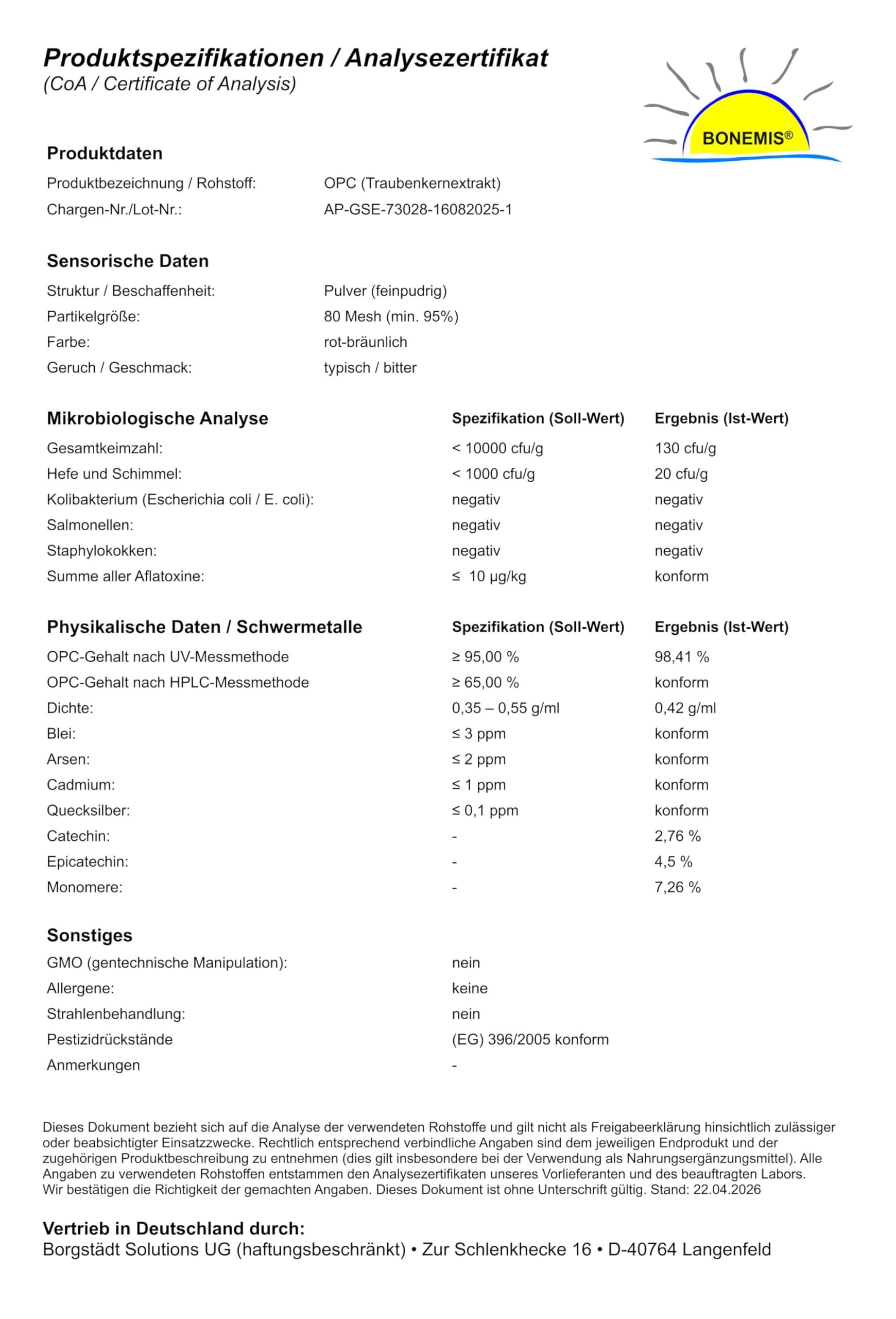 Premium OPC Traubenkernextrakt, Pulver, 95% (70% nach HPLC), 250 g Pulver im Beutel, Bonemis®