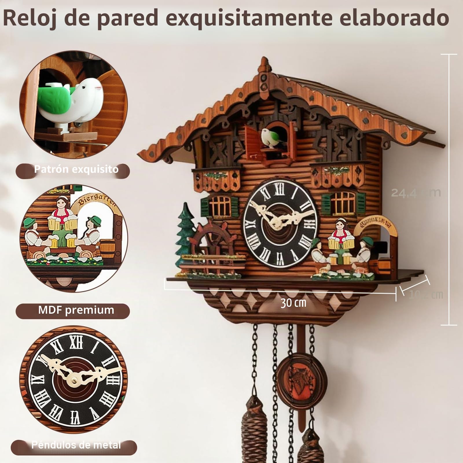Reloj de cuco, reloj de cuco de madera artesanal con pájaro funcional, reloj de pared con control de volumen, reloj de cuarzo tradicional y antiguo para decoración de sala de estar, cocina