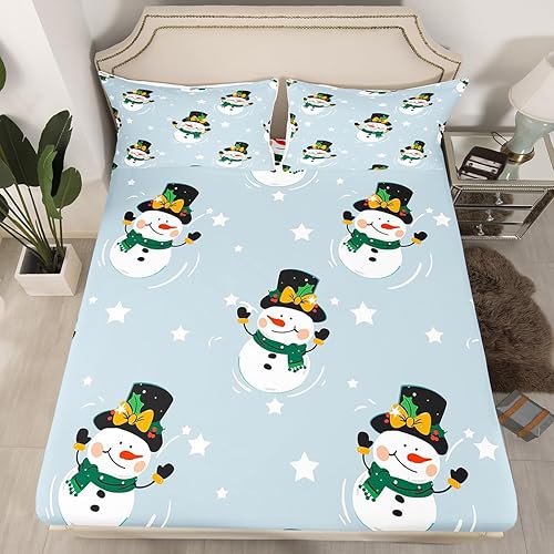 Manfei Sábana bajera ajustable de muñeco de nieve, tamaño individual, juego de ropa de cama temática de Navidad, 2 piezas para decoración de