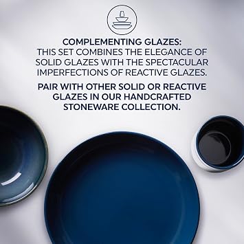 Corelle Stoneware Dinnerware Set, Handmade Reactive & Solid Glazed Ceramic Plates and Bowls, Modern Rustic Style Round Dishes, Service for 4, Navy 16 PIECE SET