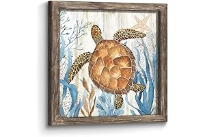 Ocean Turtle Framed Wall Art - Coastal Wood Decor with Seabed Coral...