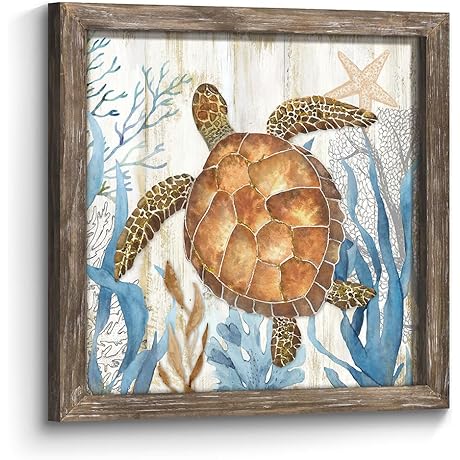 Ocean Turtle Framed Wall Art - Coastal Wood Decor with Seabed Coral...