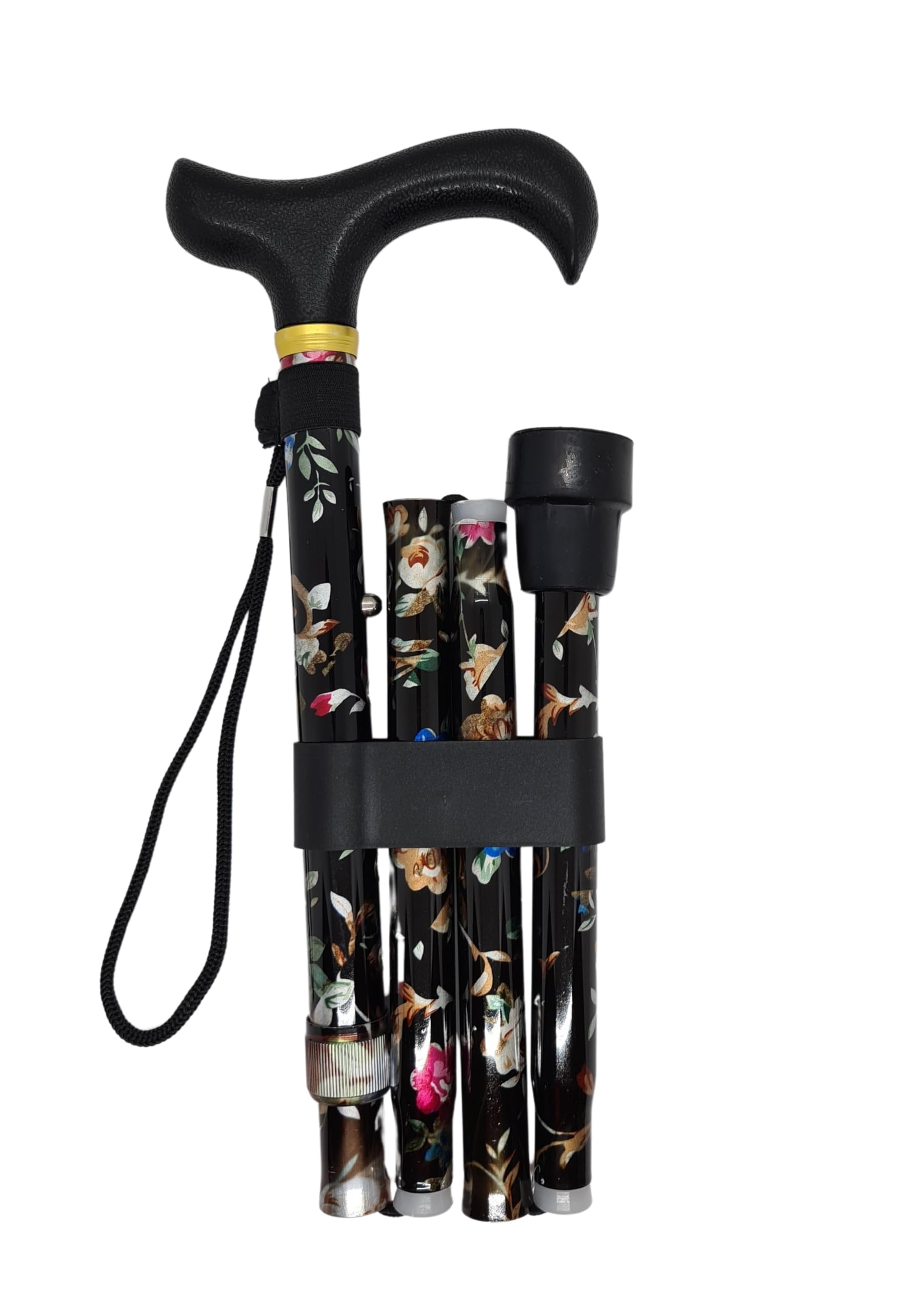 Stock-Fachmann® Höhenverstellbarer Faltbarer Gehstock Geblümt Mit Schwarzem Derbygriff Schmuckband Und Handschlaufe 5-Fach Höhenverstellbar Von 82-93cm Eigengewicht 350g Belastbar Bis 100kg