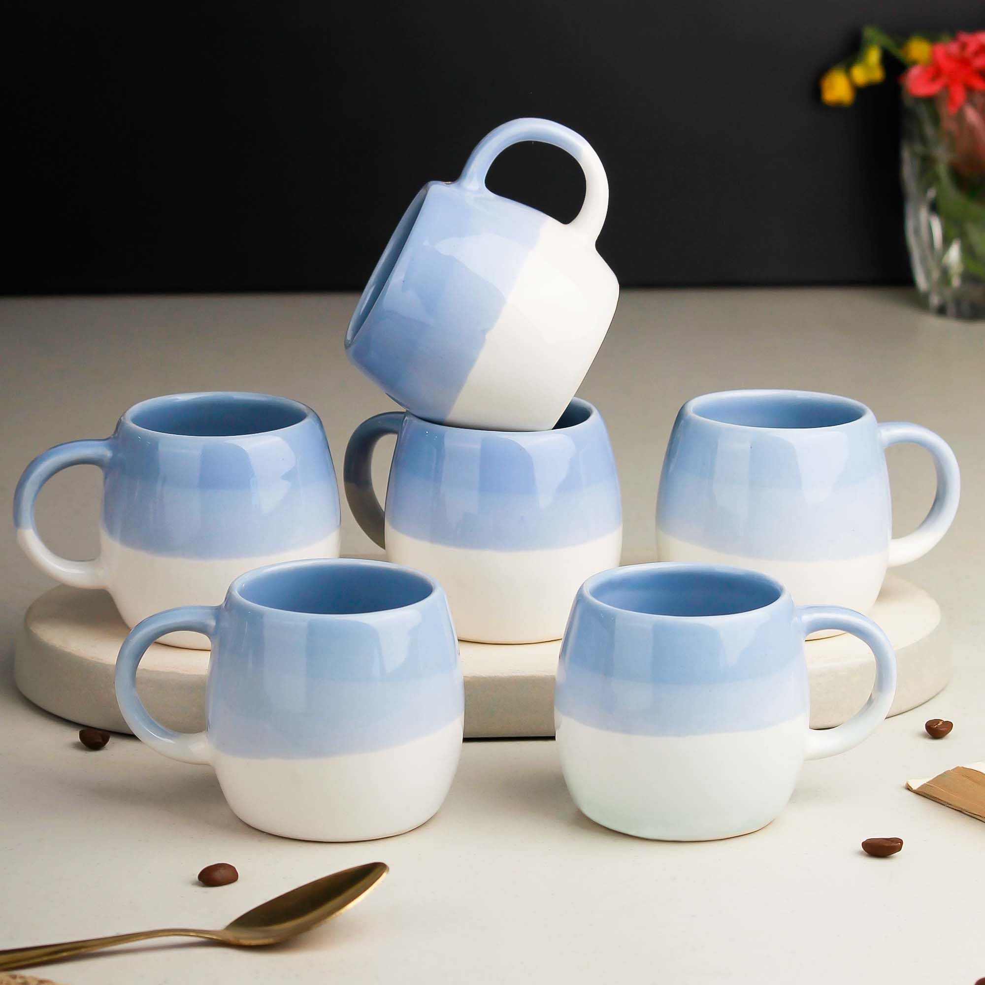 - The Earth Store Tritone Sky Blue Ovule Shape Cup Set of 6 for Tea Microwave and Dishwasher Safe, Perfect for Every Occasion Capacity - 190 Ml Each - Ceramic