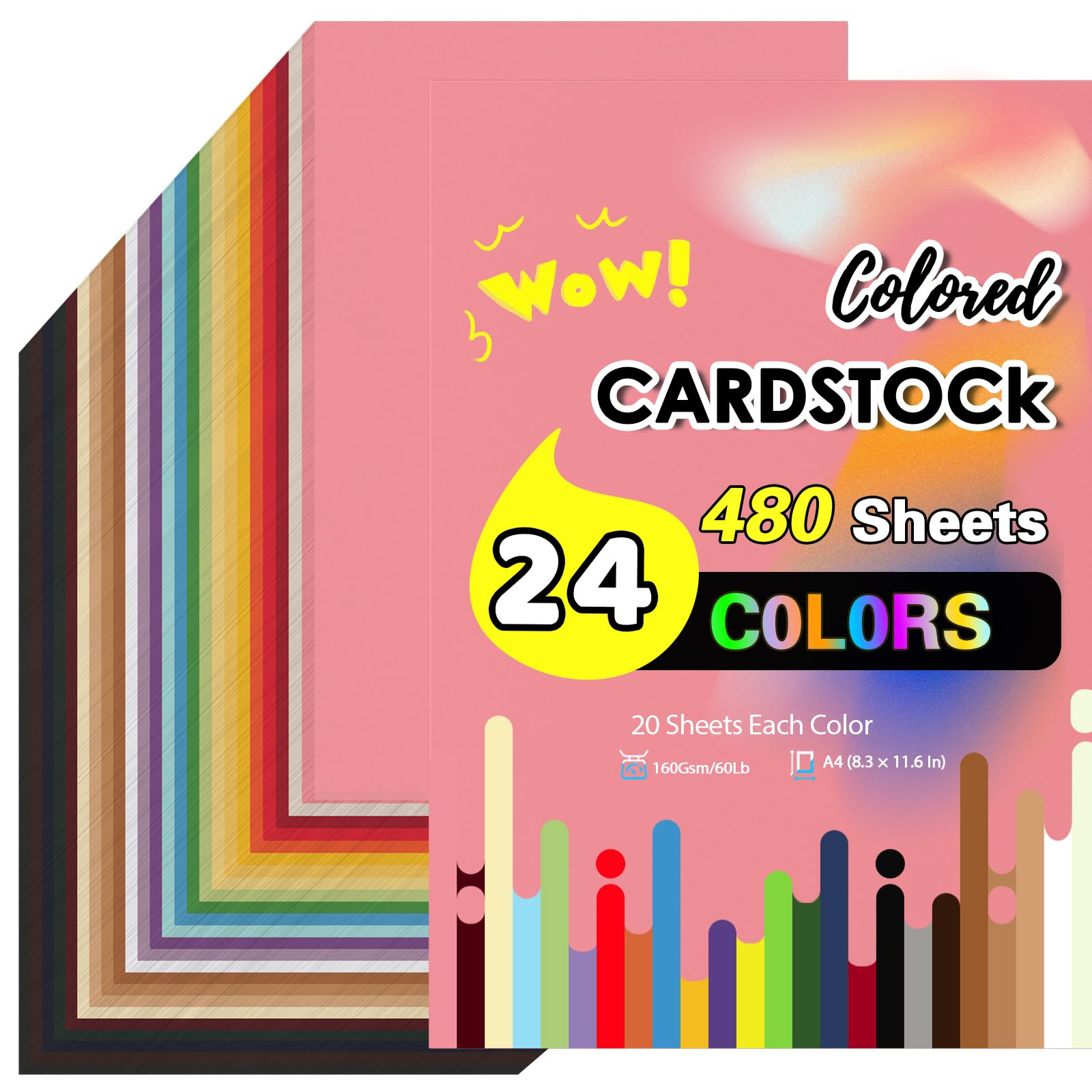 480 Sheets Colored Cardstock Paper Bulk, 24 Colors Card Stock 160 GSM 60 Lb Colored Paper, 8.5×11 Color Cardstock for Printing Scrapbook Creative DIY