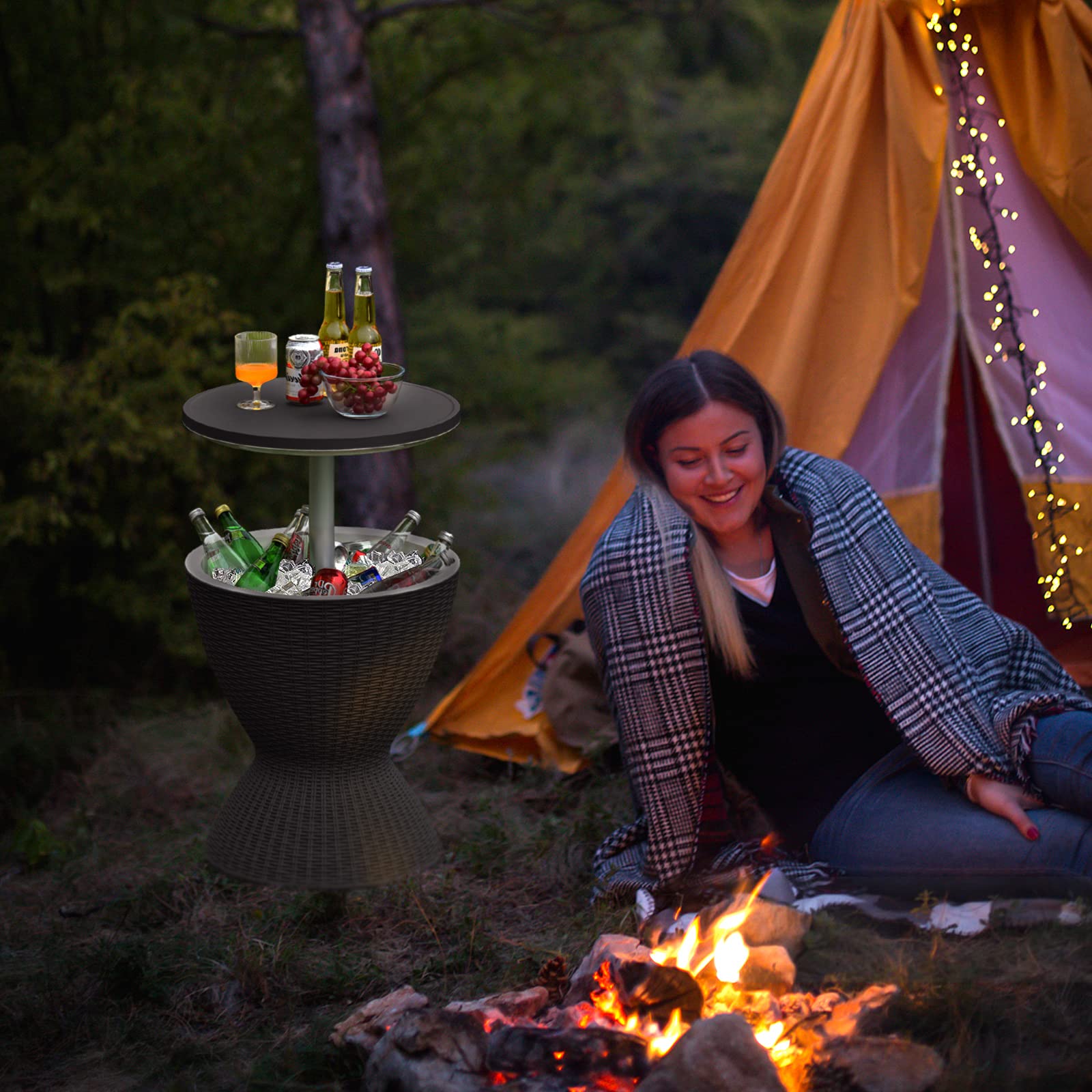 GOPLUS 3 in 1 Cool Bar, höhenverstellbarer Outdoor Beistelltisch & Kühltisch, 30L Getränkekühler mit Abflussloch, Kühlbox wetterfest in Rattanoptik für Bier & Wein, für Garten, Pool & Party, Schwarz