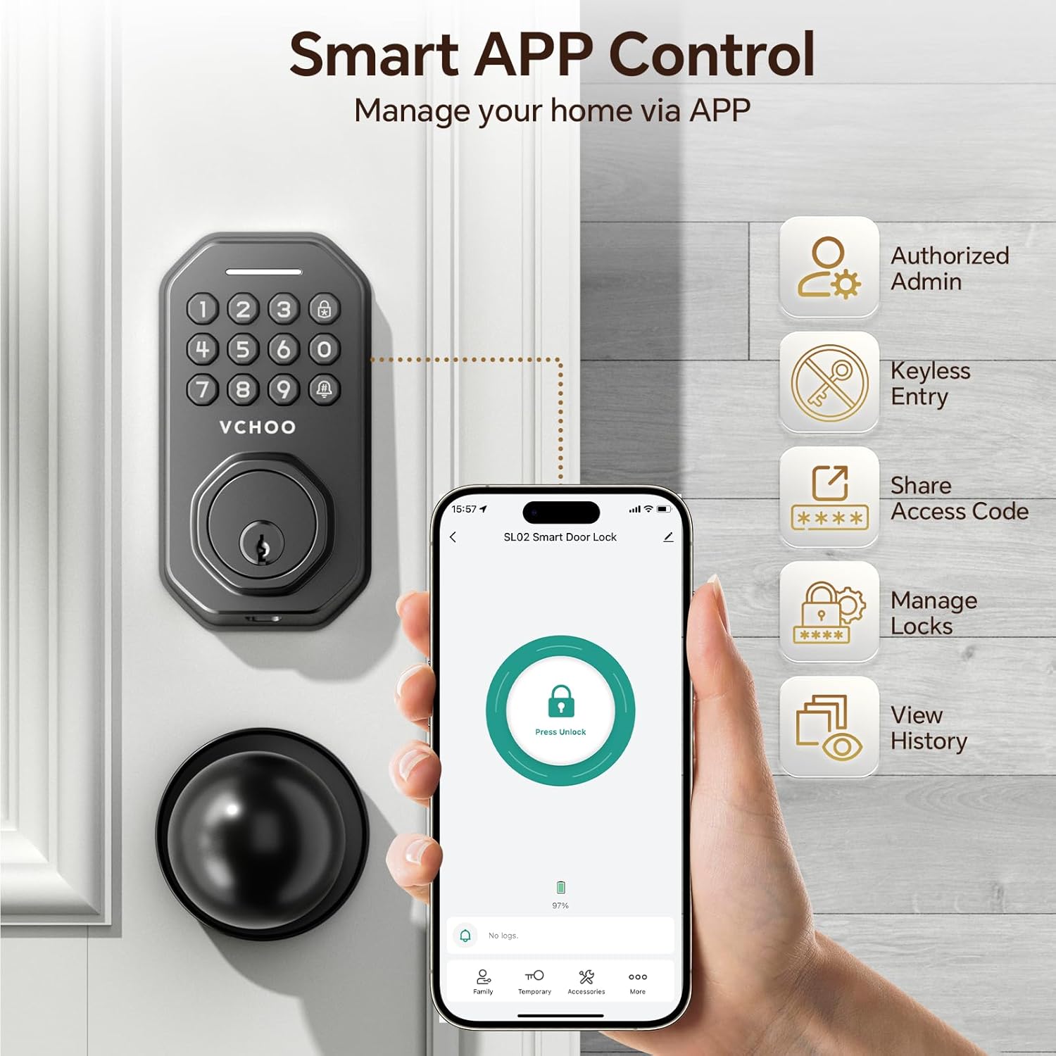 Image showing the VCHOO SL02 lock and a smartphone displaying the Smart Life app interface with options for Authorized Admin, Keyless Entry, Share Access Code, Manage Locks, and View ისტორია.