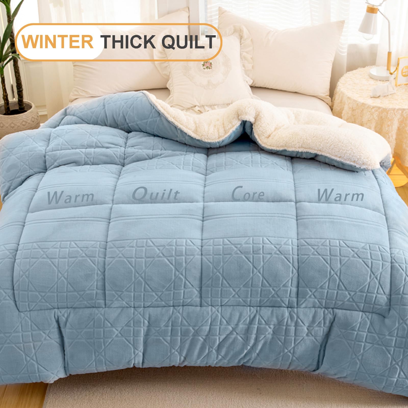 NNSMUN Thickened Super Soft Winter Quilt, Quilted Blanket Lamb Velvet Fabrics, Breathable Warmth Fluffy Plush Double Sided Velvet Blanket, Thickened Warm Gift Quilt (Blue,220x240cm(5kg))