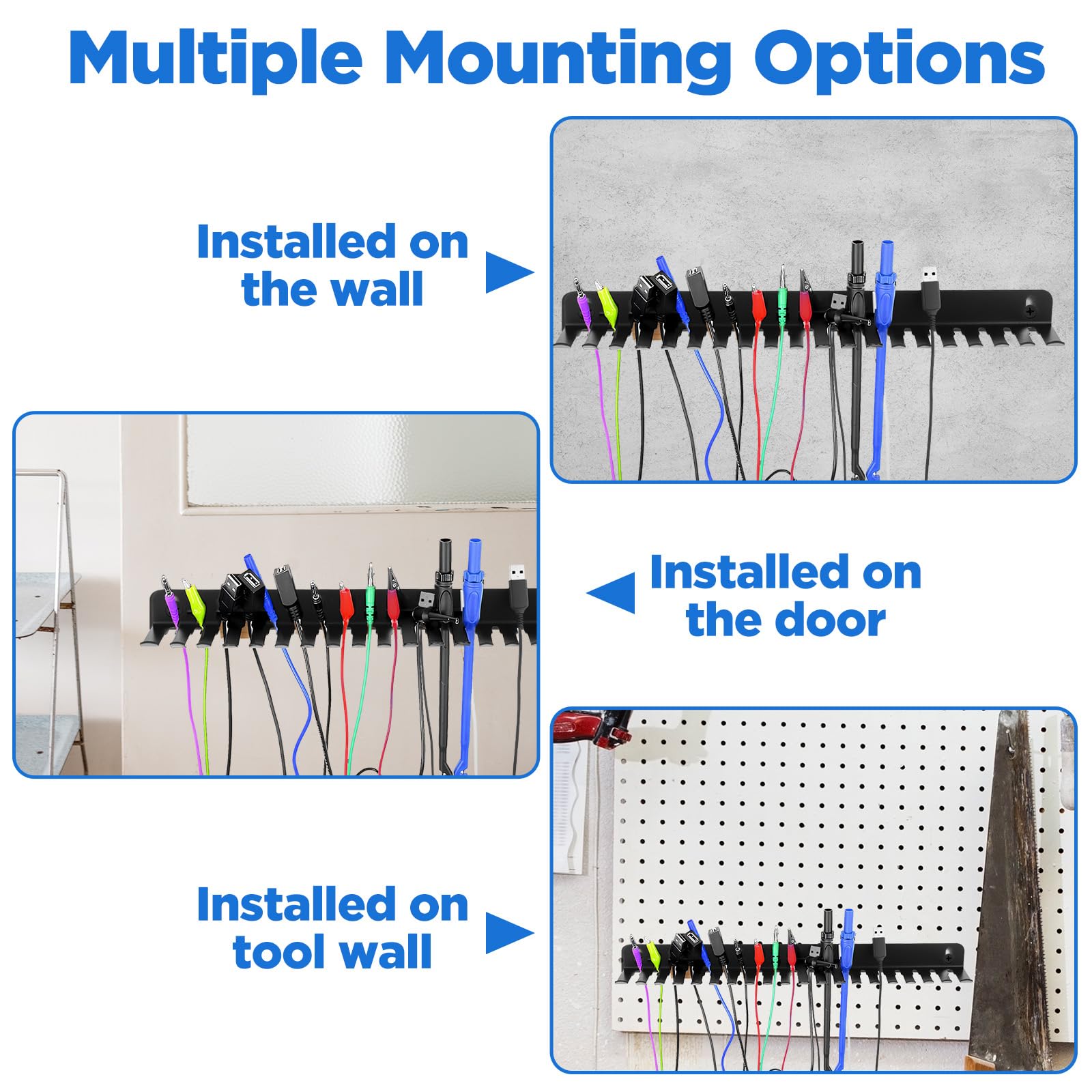 2 ganchos de cables de montaje en pared, organizador de cables de acero al carbono resistente con 19 ranuras (0.2 a 0.35 pulgadas), negro, 15.8 x 2.8 x 1.3 pulgadas para una gestión de cables sin