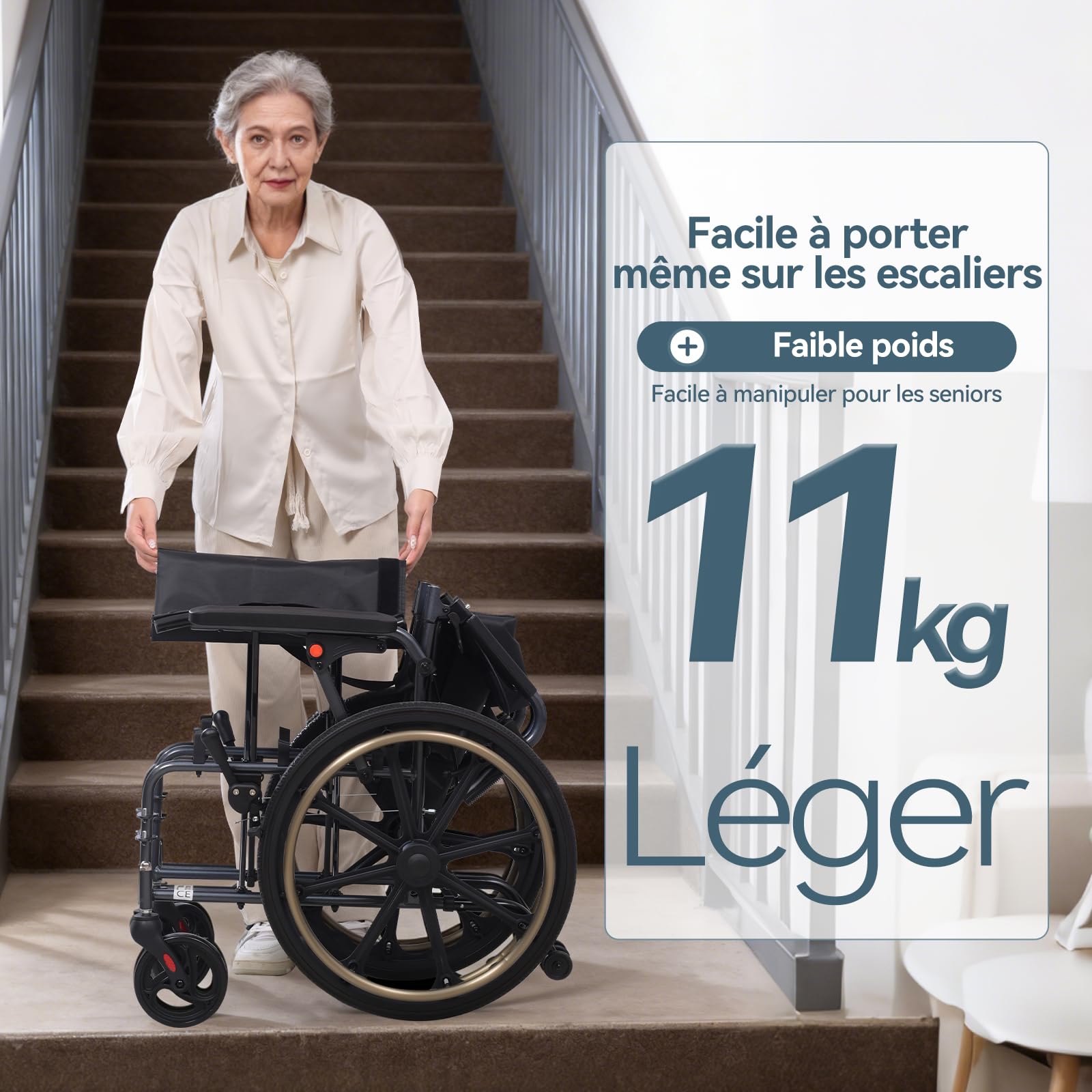 M4 Fauteuil roulant pliable léger avec double rembourrage d'assise, roues avant absorbant les chocs, cadre en aluminium léger, accoudoirs amovibles, pneus en caoutchouc sans entretien