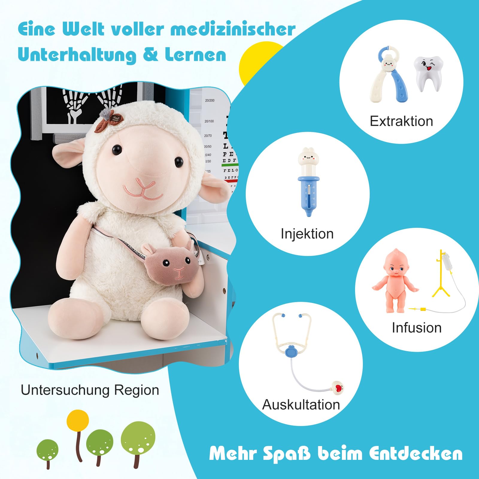 COSTWAY 29 TLG. Arzt-Set mit Arztkoffer, Doktor Spielset Holz mit Röntgenfilm, EKG-Monitor, Sehtafel, Wasserhahn, Spüle & Größenmesser, Arzt Rollenspiel für Kinder ab 3 Jahren (Blau)