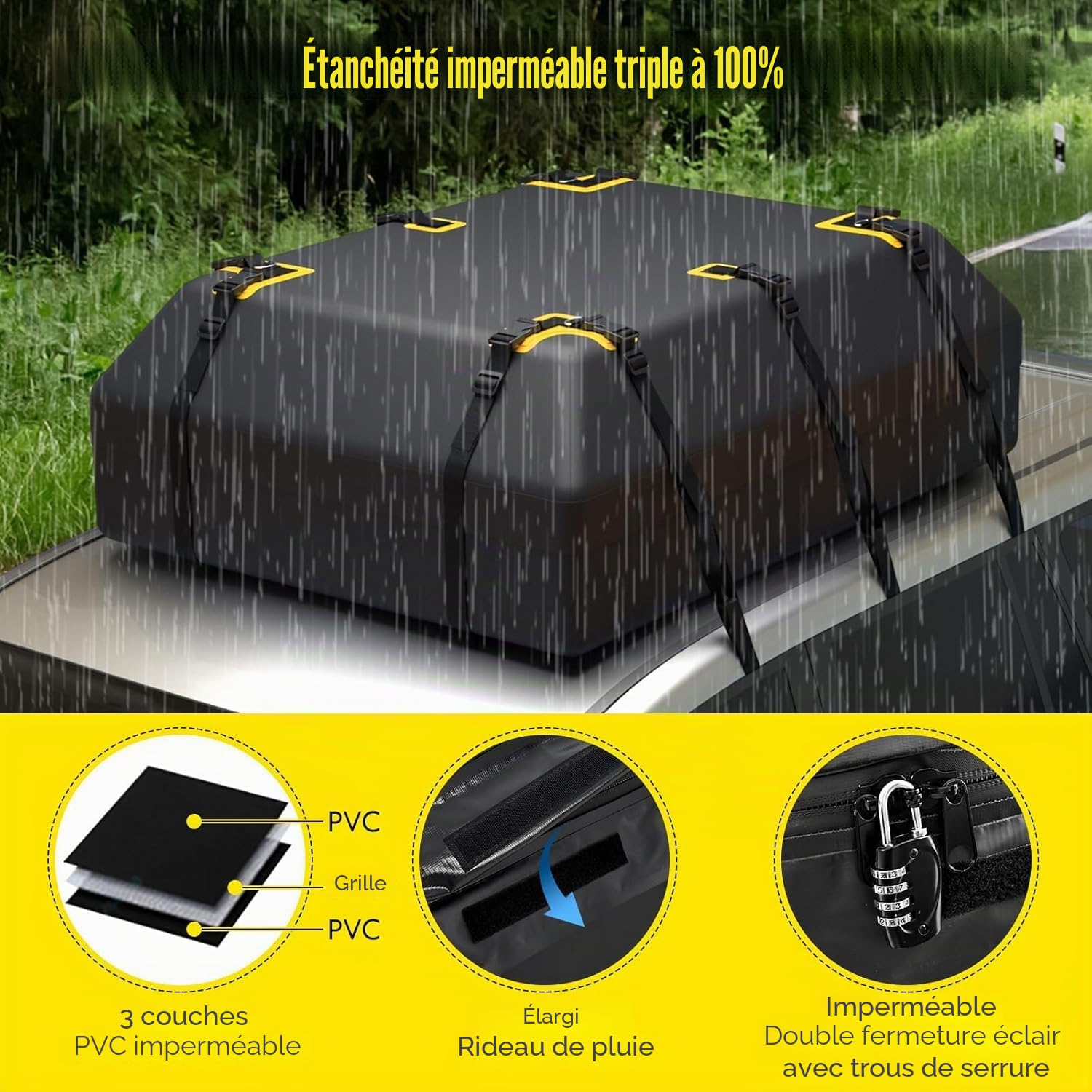 FANTASK Coffre de Toit 600 l avec 6 Crochets de Porte pour Voiture et SUV - Étanche - Serrure à Combinaison - Tapis antidérapant et Sac de Transport - Sac de Toit Pliable