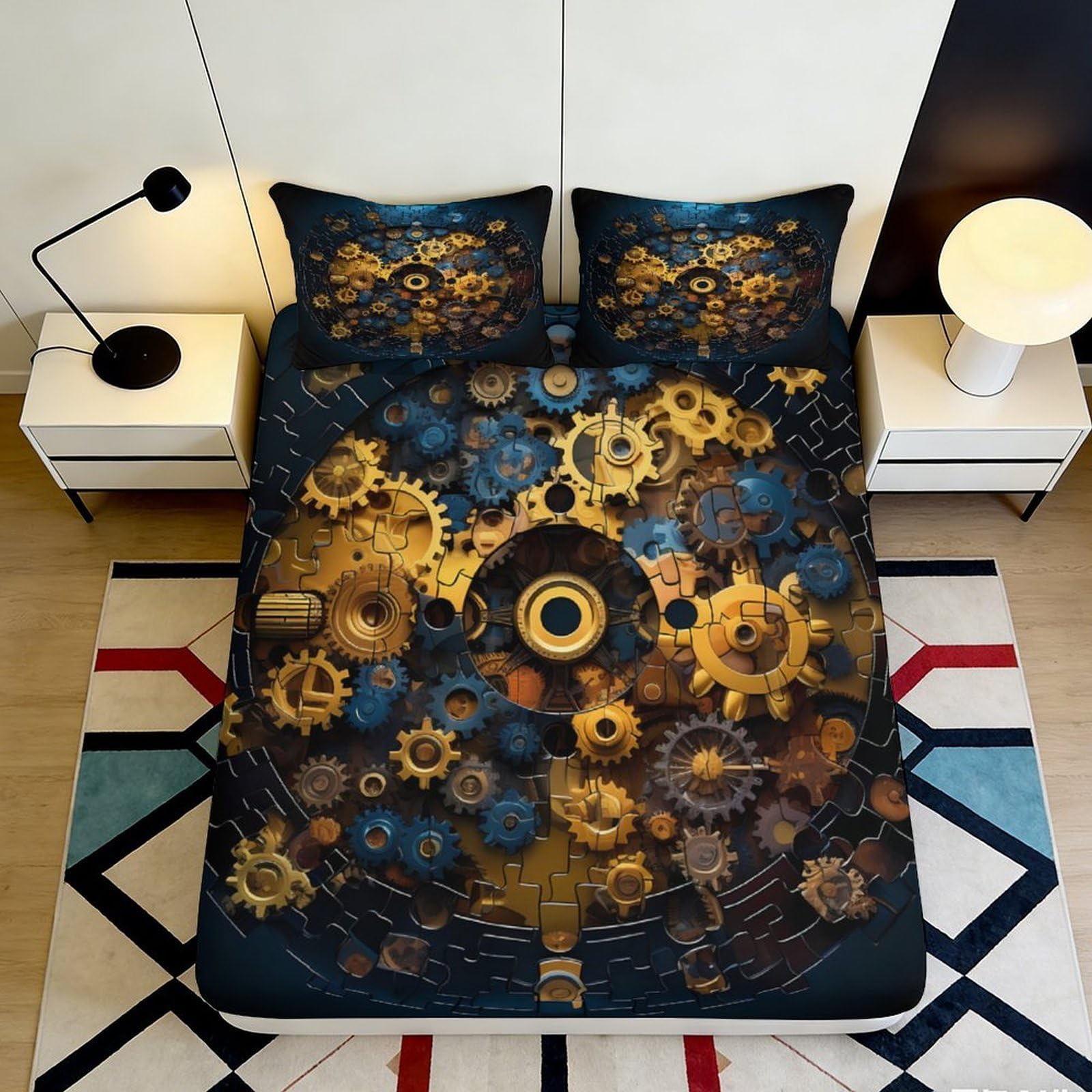 3D Printed Steampunk Gear Fitted Sheet Microfiber Soft Machine Washable Vintage Clock Mattress Cover for Bedroom Dorm Decor 90x200x25cm