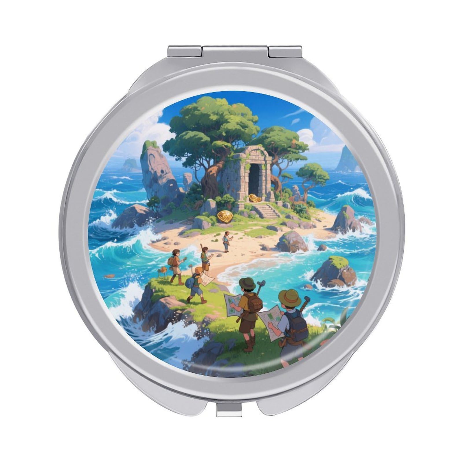 Fekiloot Style Mysterious Island Travel Makeup Mirror Handheld Compact Mirror Portable Pocket Mirror Double-Sided 1X/2X Magnifying For Handbag And Purses