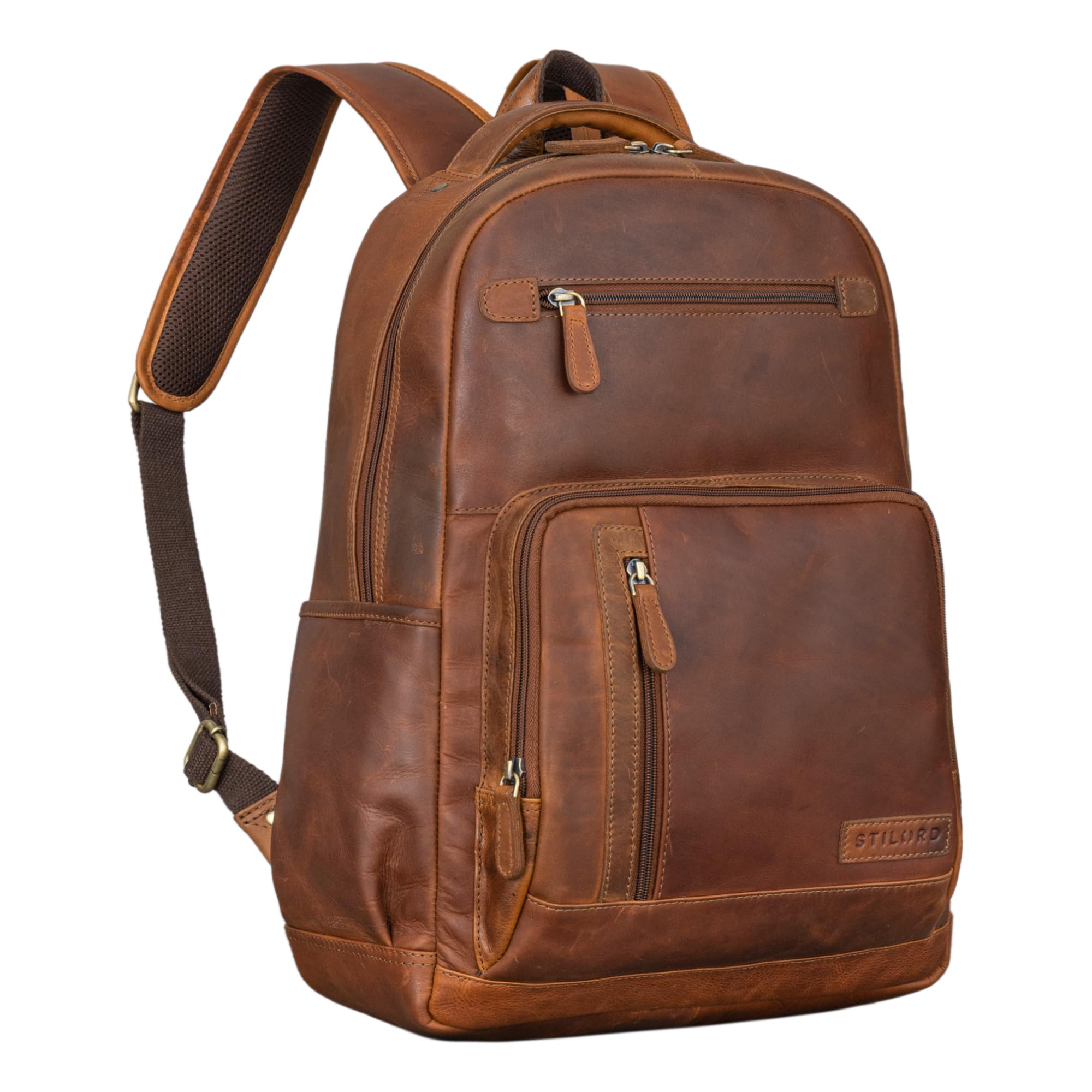 STILORD Hubertus Mochila Cuero Señoras y Hombres Vintage Mochila para Ordenador portátil 15,6 Pulgadas Mochila Escolar Mochilas día Color:Cognac-marrón