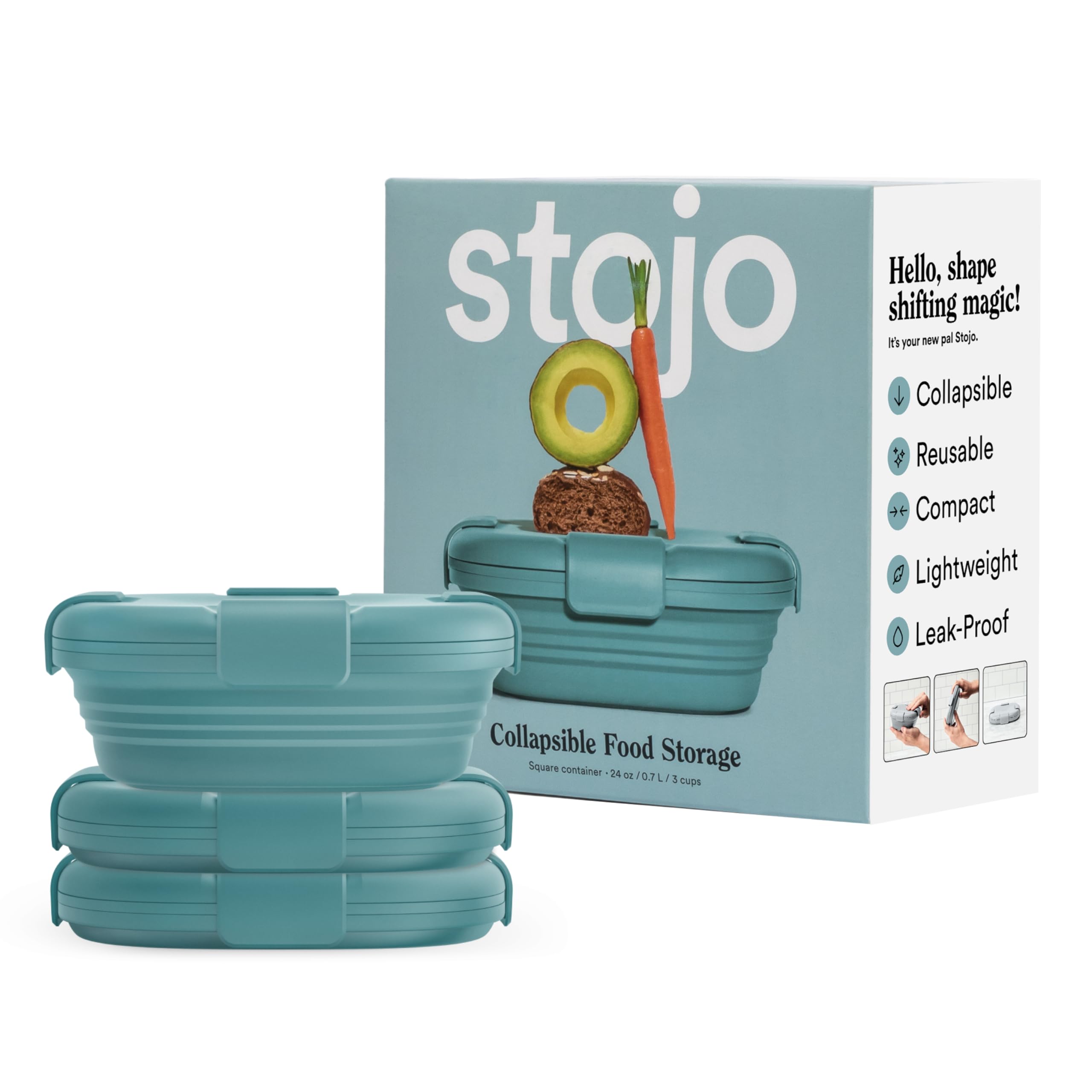 STOJO Collapsible Sandwich Box 3 Set - Eucalyptus, 24oz - Reusable Food Storage Container - To-Go Travel Silicone Bowl for Hot and Cold Food - Lunch, Camping and Hiking - Dishwasher E