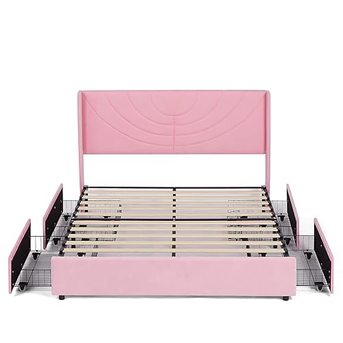 Miniatura 26 de VECELO Base de cama tamaño matrimonial tapizada con cabecera de tela, soporte de listones de madera, no necesita somier, base de colchón, color