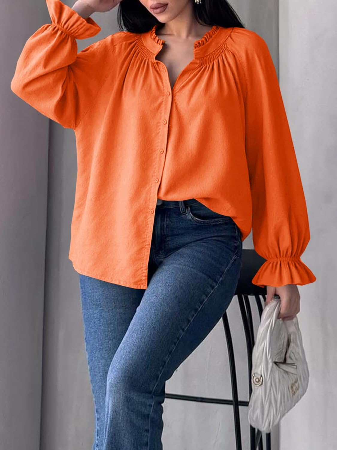 Tankaneo Womens Puff Long Sleeve Button Down Shirts Pleated V Neck Cotton Blouses Loose Fit Casual Ruffle Tops - Image 4