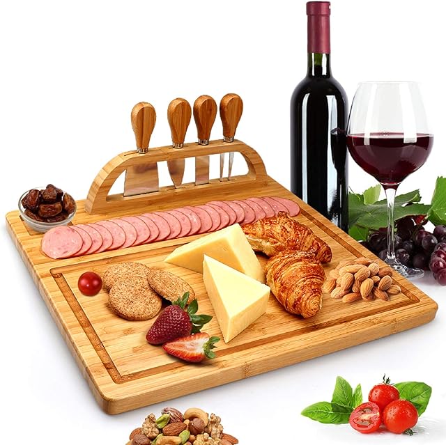 Bamboo Cheese Board Set, Cheese Tray with Slate Board and Tool Holder, Includes 4 Cheese Knives with Wooden Ceramic Handles, 1 Wooden Serving Tray for MeatFruits and Cheese, Ideal Wedding Gifts.
