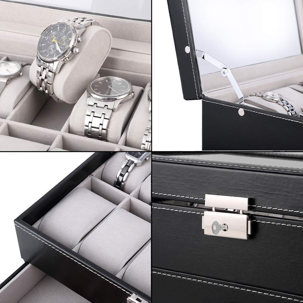 Caja de reloj con tapa de cristal para 12 relojes, joyería de doble capa, caja de almacenamiento para relojes, colección de cajas para hombres y mujeres, soporte organizador de regalo