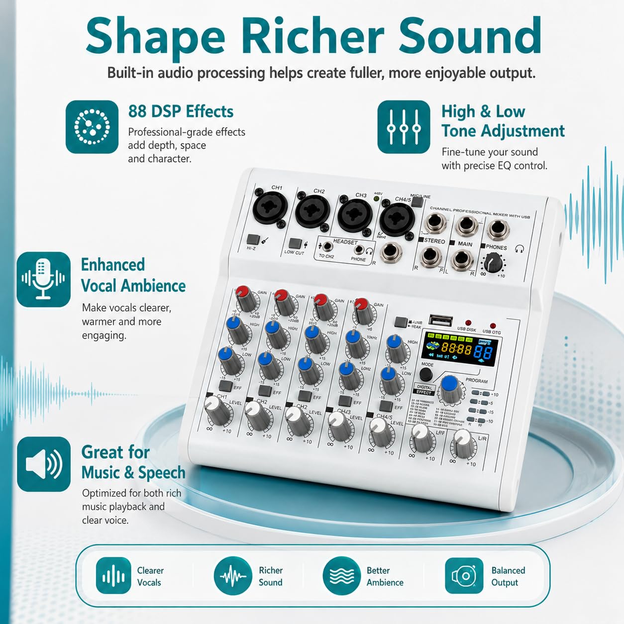 Mixer audio Bluetooth a 7 canali, mixer professionale con interfaccia audio USB, mixer con 88 tipi di DSP e 48 V CC, mixer per spettacoli palcoscenici, studi di registrazione, spettacoli DJ