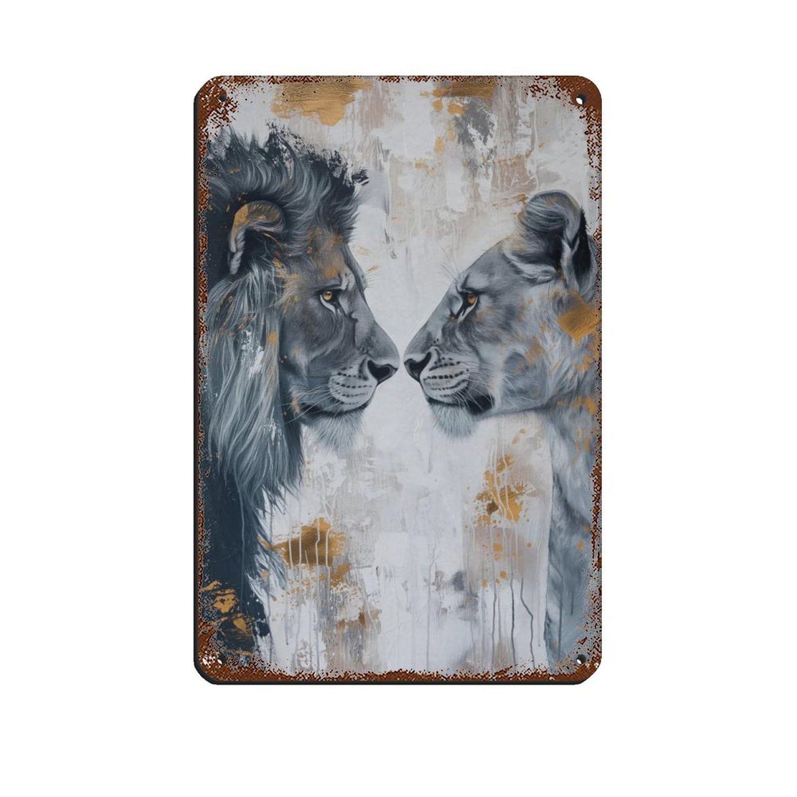 Lion And Lioness Staring at Each Other, Couple Art Retro Poster Metal Tin Sign Chic Art Retro Iron Painting Bar People Cave Cafe Family Garage Poster Wall Decoration 8x12inch(20x30cm)
