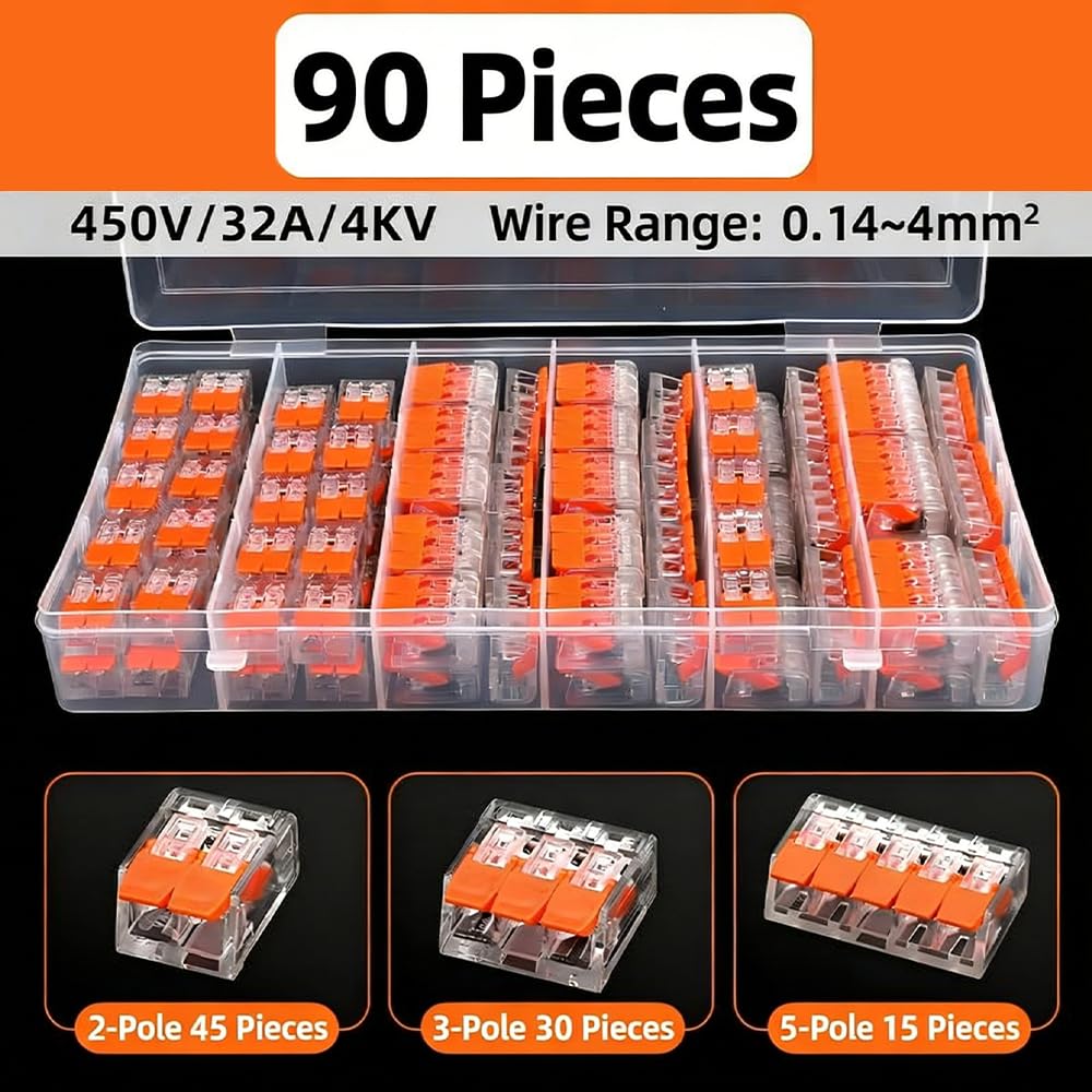 90pcs/kit Quick-Release Wire Connector TemminalBlocks,2/3/5 Pin Lever-Nut, Reusable CopperElectrode,PVC Insulated,for Home ElectricalConnections,with Storage Case, Wire ConnectionBlocks