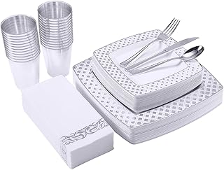 175 Piece Silver Dinnerware Set 25 Guest-50 Diamond Square Plastic Plates-25 Silver Plastic Silverware-25 Silver Plastic Cups-25 Linen Like Silver Paper Napkins, FOCUSLINE Disposable Dinnerware Set