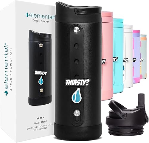 Elemental Iconic - Botella de agua para niños con tapa de popote y correa de dijes, a prueba de fugas cuando está cerrada, botella de agua