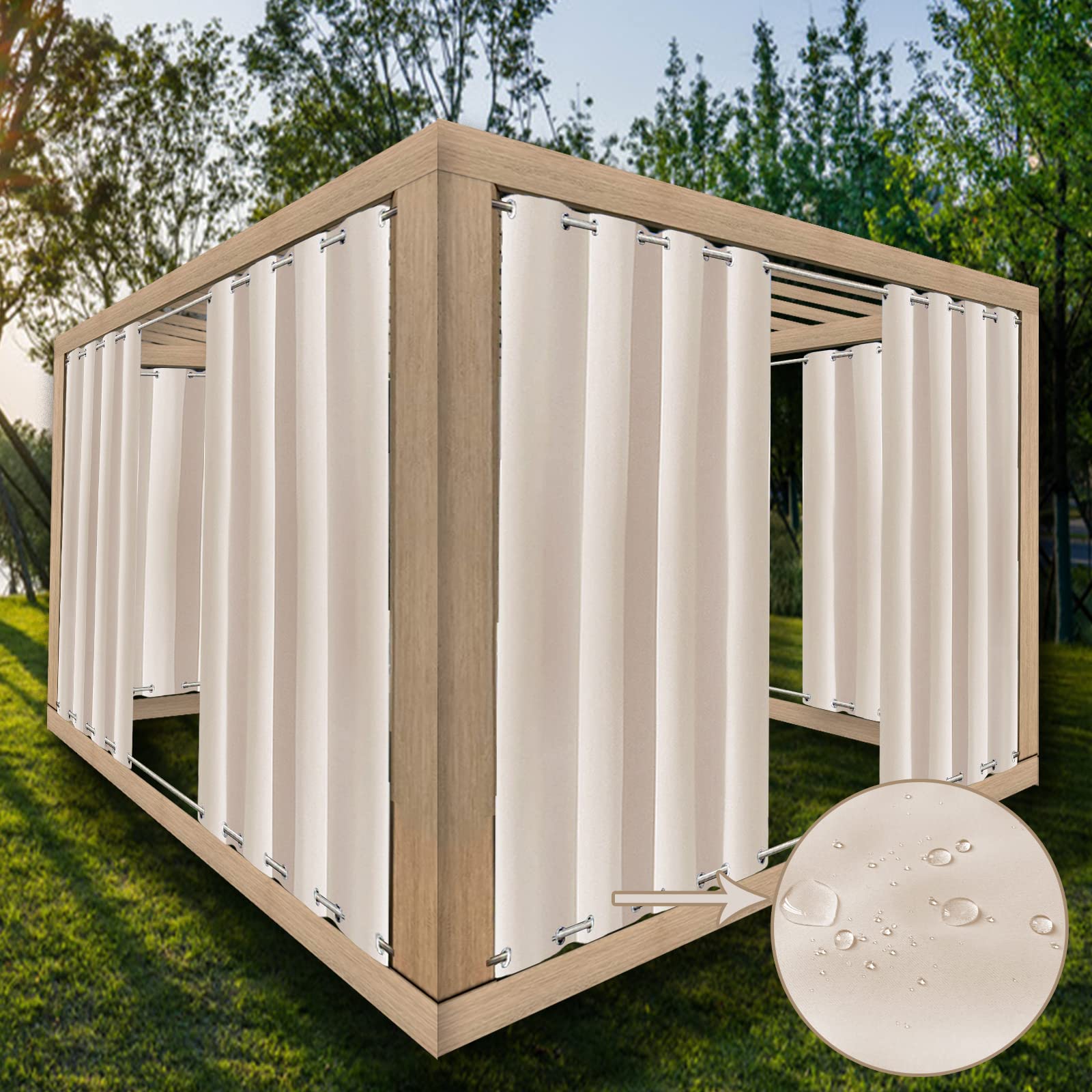 Tenda impermeabile da esterno per pergolato da giardino beige antivento drappeggio con occhiello staccabile a prova di scolorimento 73,7 x 114,3 cm, 1 pezzo