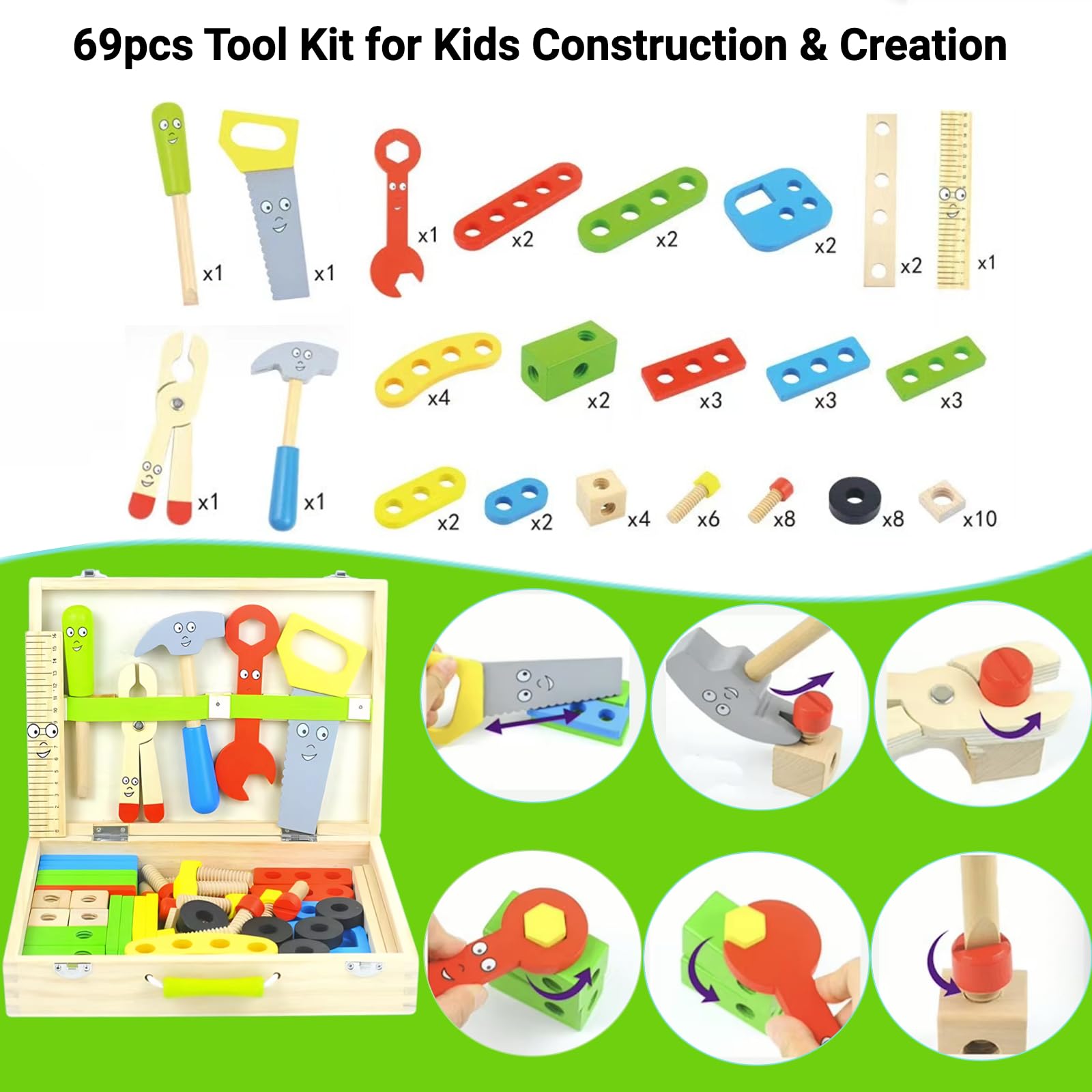 Werkzeugkoffer für Kinder mit 69-teiligem Holzwerkzeugsatz, Montessori-Spielzeug für Kleinkinder im Alter von 3, 4, 5, 6 und 7 Jahren, frühes Lernen, Kreation, Werkbank, Bauen mit Stems, Konstruktion