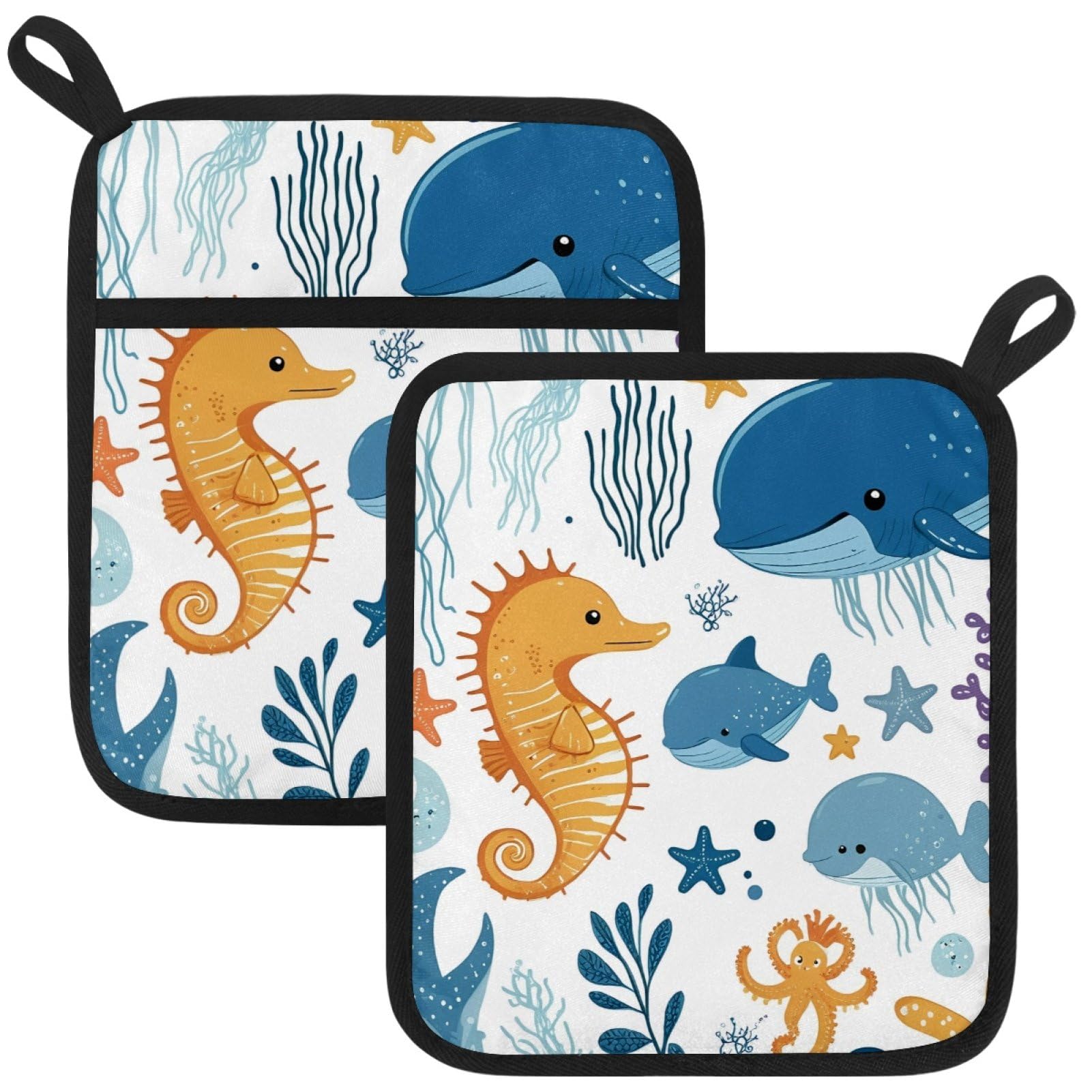 VAPOKF Whale Seahorse Pot Holders with Pocket for Kitchen Heat Resistant Potholders Large Polyester-Cotton Square Oven Mitts Set