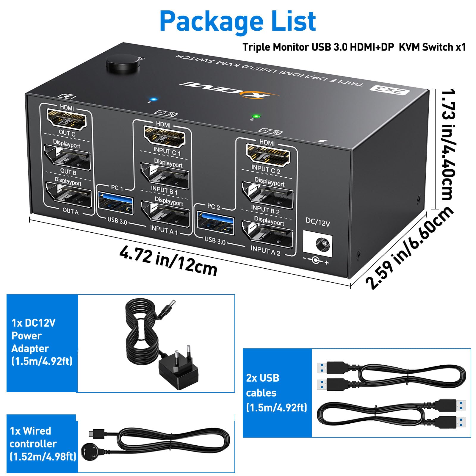 KVM Switch 2 PC 3 Monitor 8K@60Hz / 4K@144Hz, Displayport 1.4 HDMI 2.1 USB 3.0 KVM Switch Triplo Monitor per 2 PC Condividi Mouse e Tastiera, Wired Remote(8K HD DP 2 in 3 out)