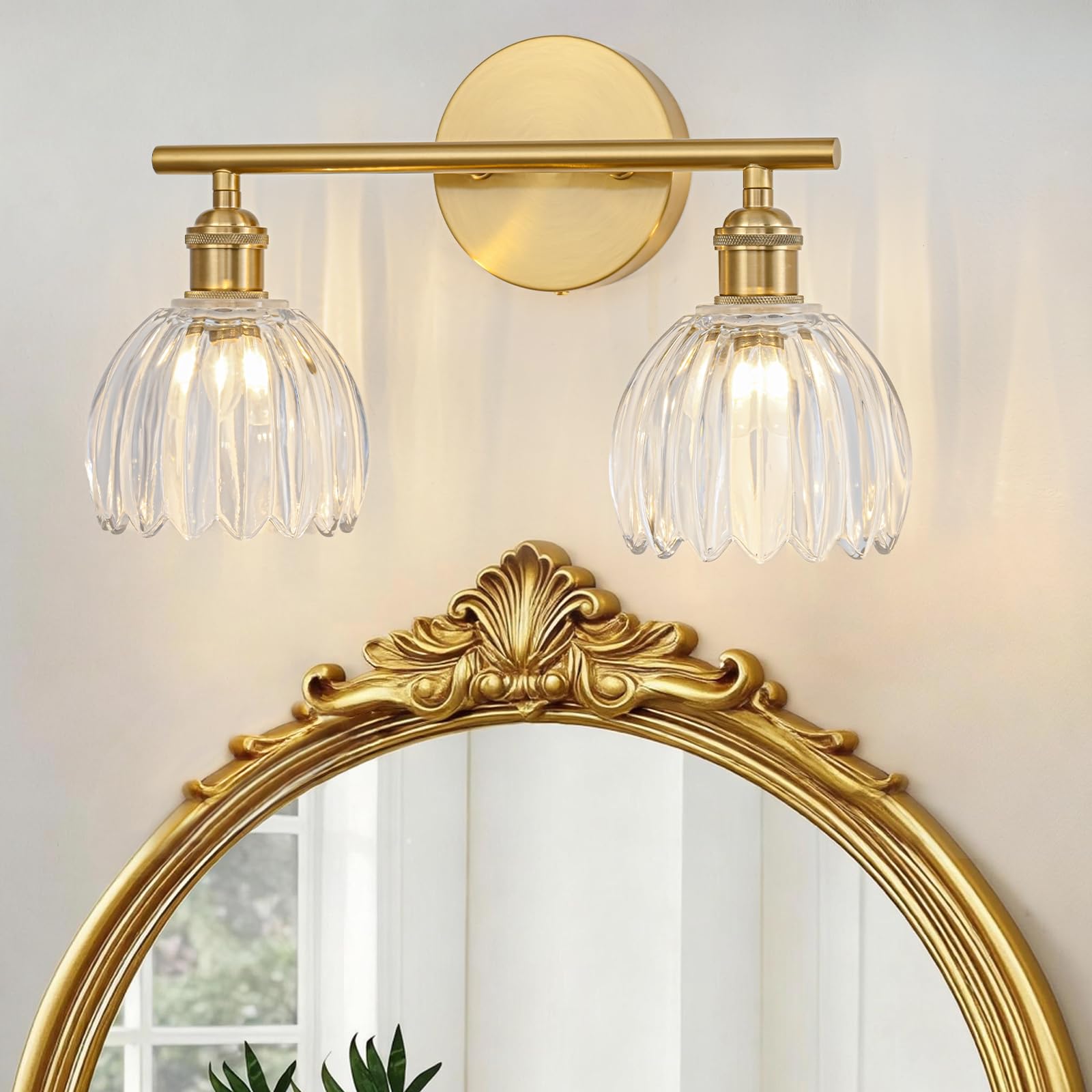 Gold Bathroom Light Fixtures Over Mirror, 2 Light Bathroom Vanity Light with Tulip Transparent Glass Lampshade, Vintage Vanity Lights for Bathroom, Bathroom Vanity Lights Over Mirror